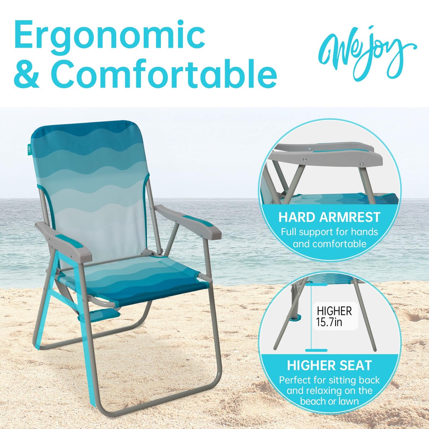 #WEJOY Folding Beach Chair for Adults, Lightweight Beach Chair with Shoulder Straps, High Back Camping Chairs with Hard Armrest, Supports 300lbs for Outdoor Lawn Concert (Cyan White)