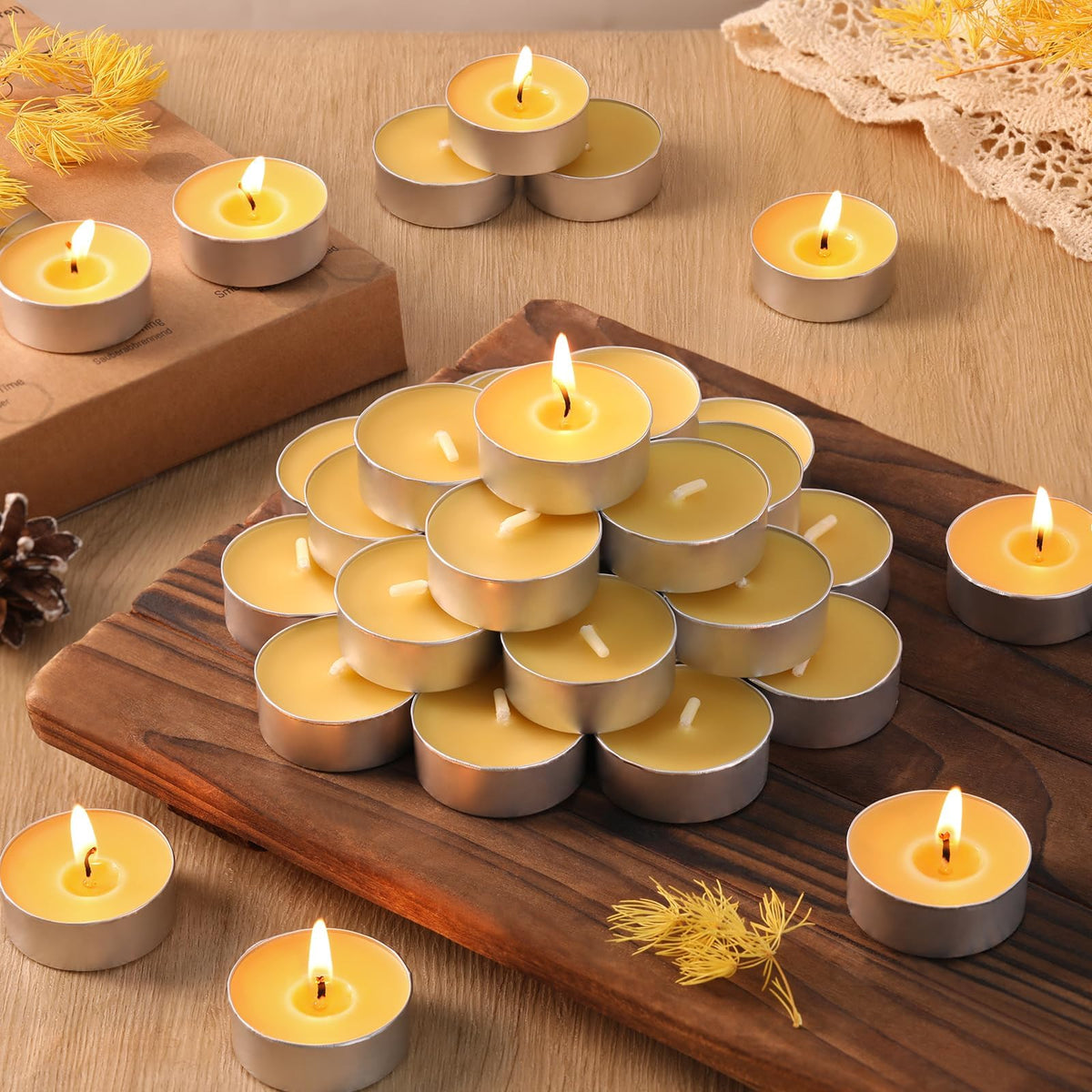 24 Packs Beeswax Tealight Candles, Pure Beeswax Candles Tea Lights Candle, Natural Organic Tealights Unscented Smokeless Clean Burning with 4 Hour Burn Time