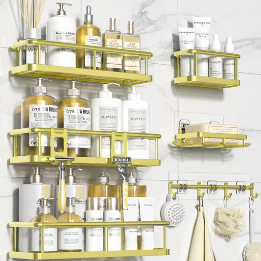 YASONIC Shower Caddy Adhesive, Rustproof Shower Organizer with Soap Holder, Large Capacity Shower Shelves for Inside Shower, No Drilling Bathroom Organizers and Storage for Home Decor（6 Pack Gold）