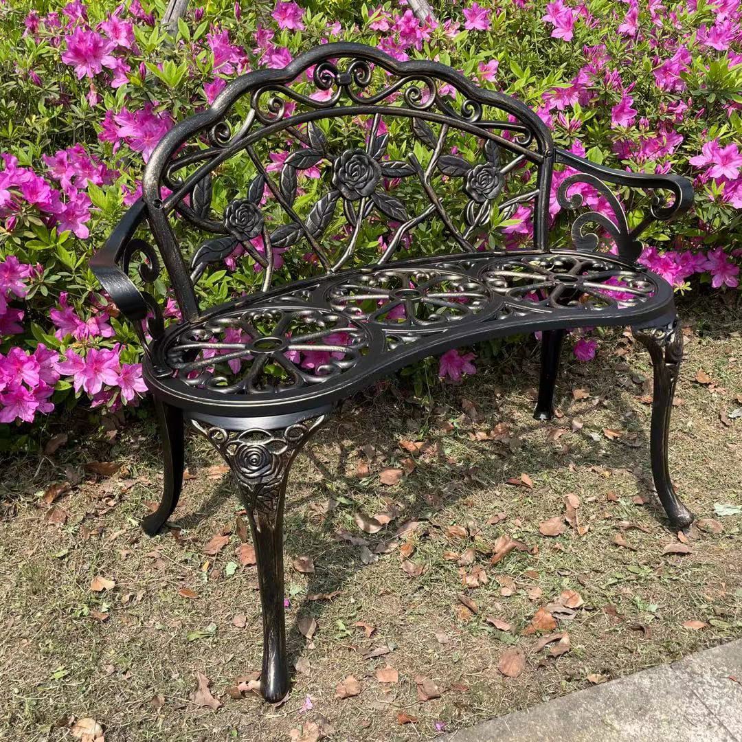 Mandolin Outdoor Park Garden Chair,All Chair Anti Rust Cast Aluminum Patio Yard Bench,Carved Rose Loveseat Bench for Backyard .Porch.Balcony.Lawn (Copper)