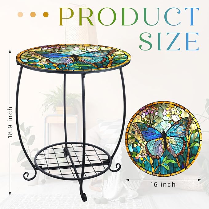 Cinnvoice Outdoor Side Table Round Small Mosaic Patio Accent Indoor End Plant