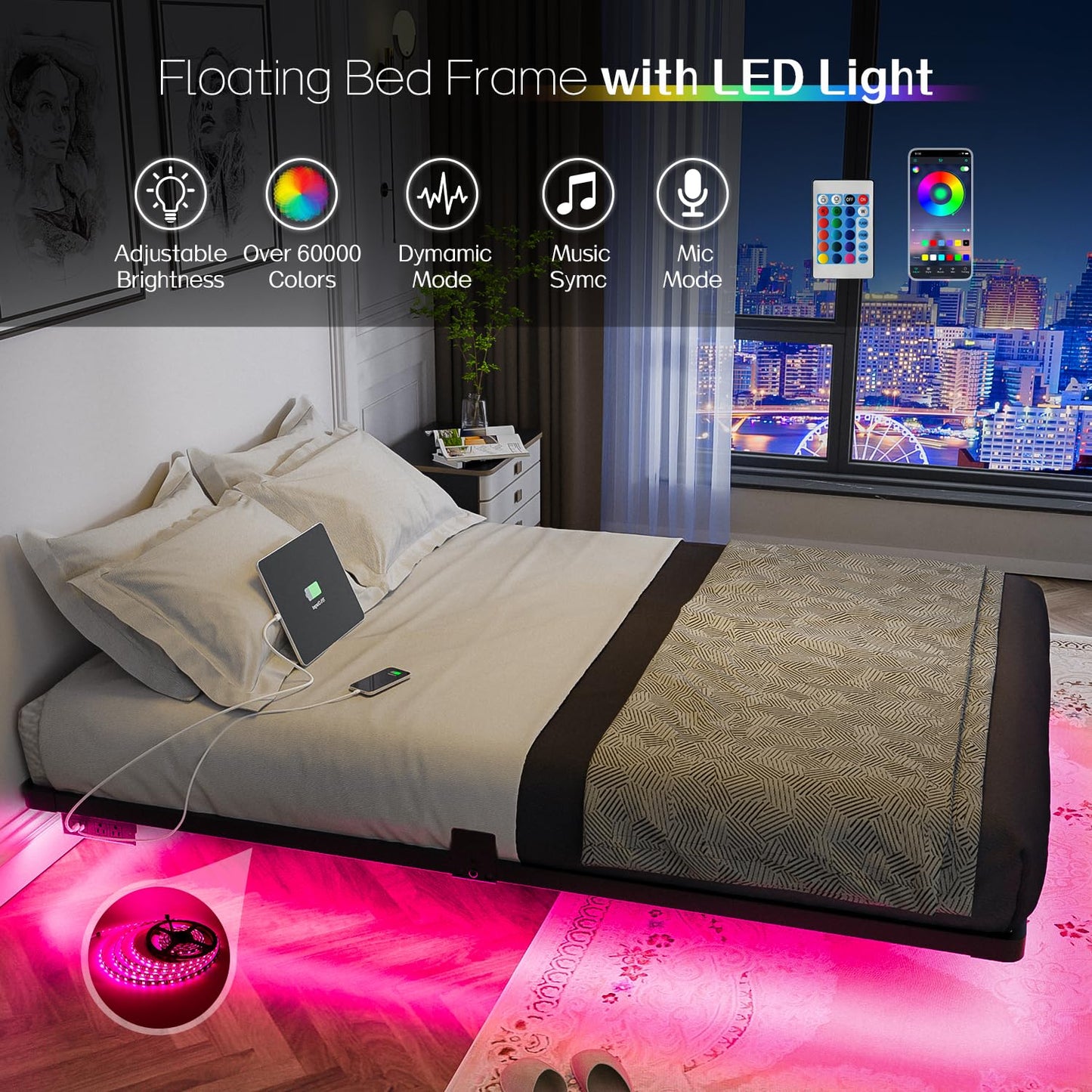 OLEVS Floating Bed Frame Full Size with Smart LED Lights and Charging Station - Modern Metal Platform Bed, Easy Assembly No Box Spring Needed
