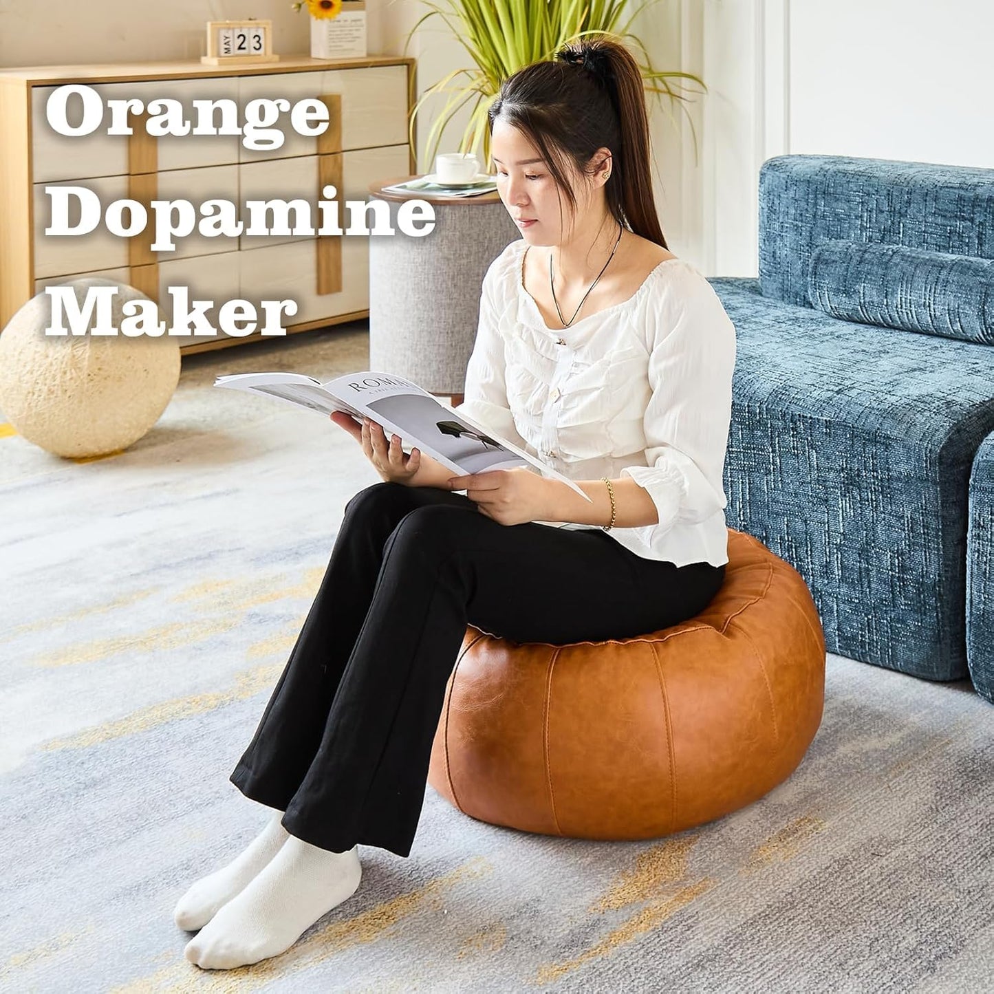 Louis Donné Unstuffed Pouf Ottoman Foot Rest Cover, Waterproof Faux Leather DIY Small Bean Bag Cover, Pet Friendly Easy Clean Storage Floor Chair for Reading & Relaxing, Orange (Cover Only)