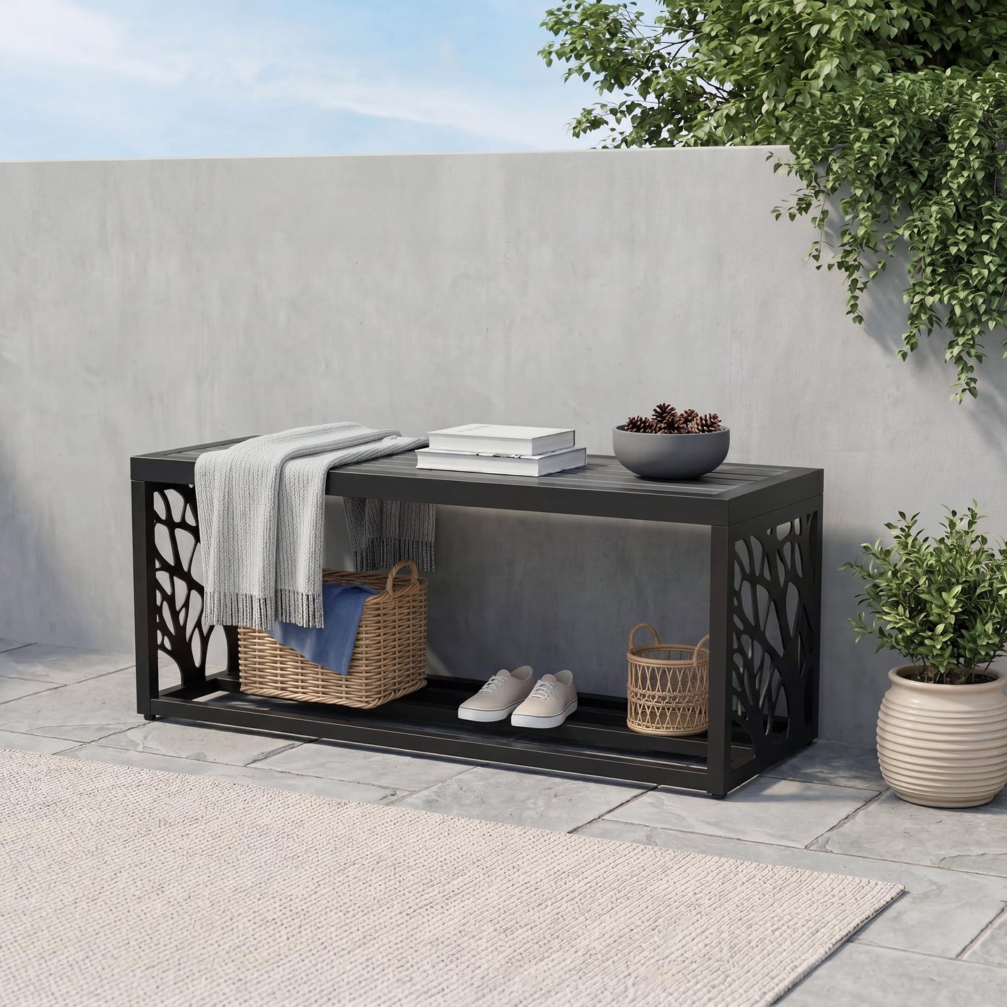 Orbotots 37" Outdoor Garden Bench with Storage Shelf, Modern Black Entryway Bench, Wood-Grain HDPE Seat, Galvanized Steel Frame with Powder Coating for Porch, Yard, Patio, Tree