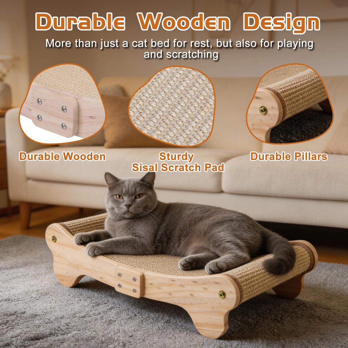Outamateur Sisal Cat Scratcher Bed, Cat Hammock Chair, Cats Scratcher Lounge, Cats Mini Beach Chair for Scratching, Pet Beds with Removable Sisal Pad for Indoor Small Animal, Puppy, Rabbit