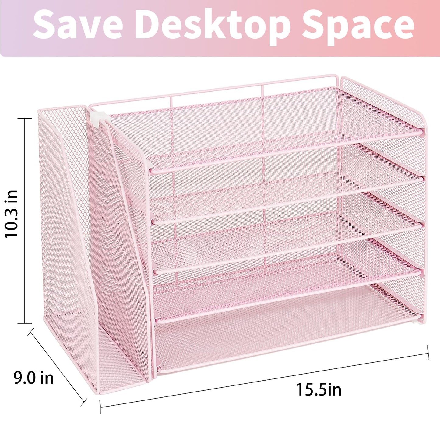 OPNICE Desk Organizer, 5-Tier Paper Organizer Letter Tray with Magazine Holder, Office Desk Accessories & Workspace Organizers, Desktop File Organizer for Office Supplies Storage, Pink