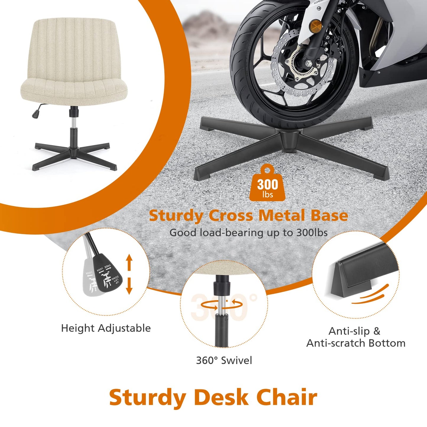 Sweetcrispy Criss Cross Chair Legged, Armless Office Swivel Desk Chair No Wheels, Vanity Height Adjustable Wide Seat Comfy Cute Computer Task Seating for Home Bedroom