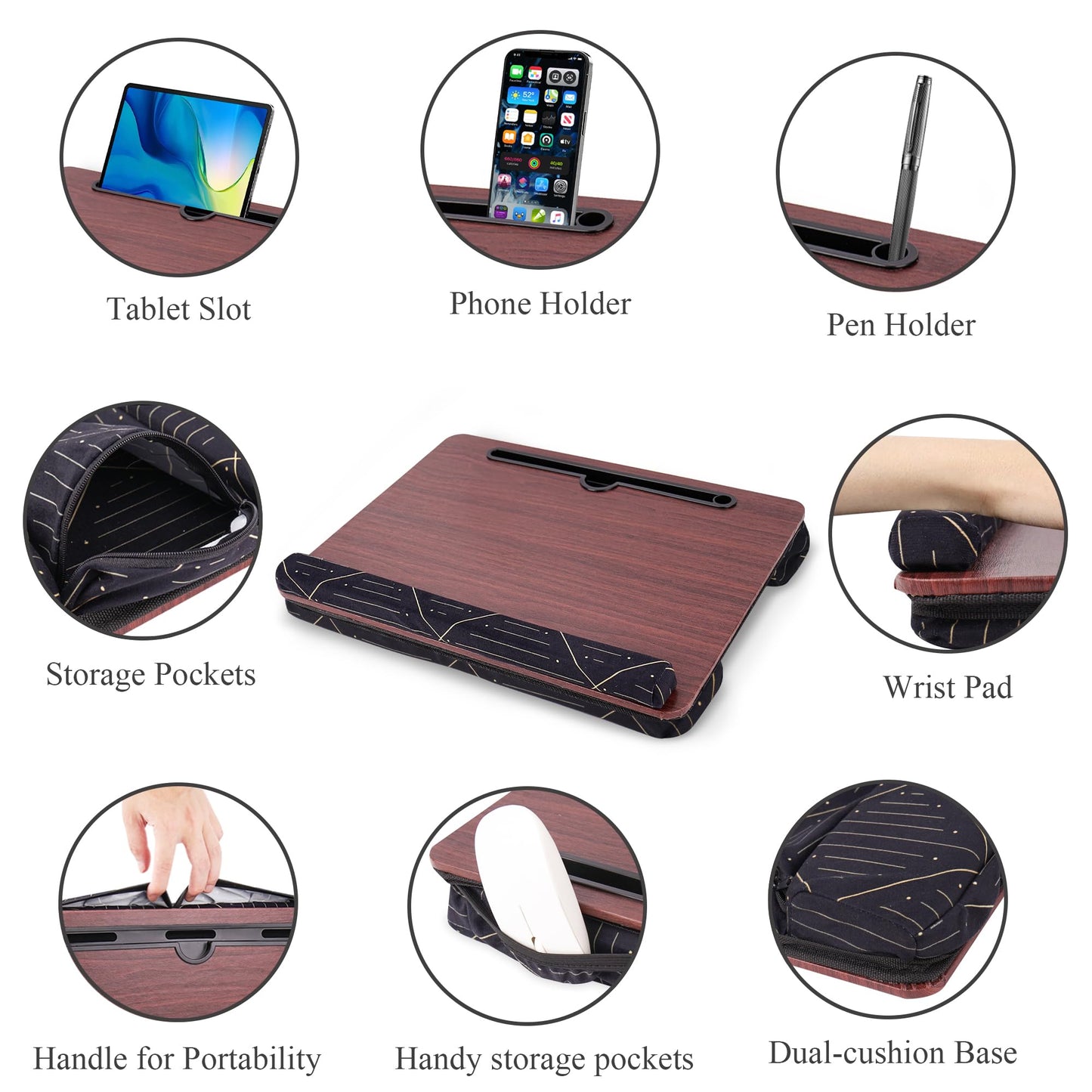 Jasenna Lap Desk,Fits up to 15.6 inch Laptop Bed Table Computer with Soft Pillow and Storage Bag,Gaming Tray and Writing Tray on Bed for Home Office(2-Light Brown)
