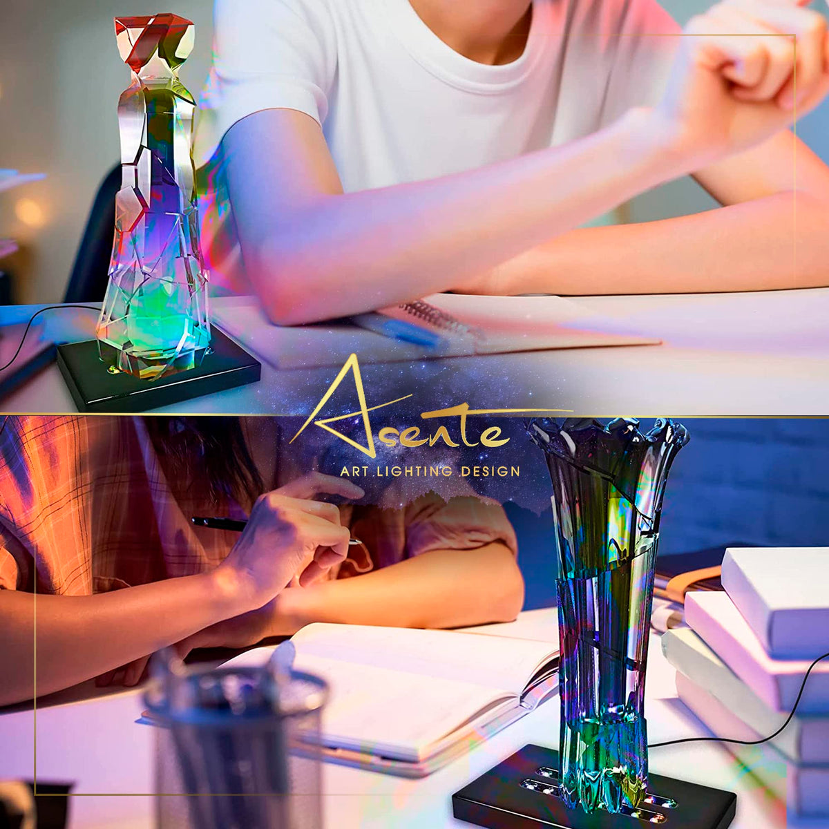 ASENTE 4 Inch Selenite Crystal Tower w/Light Stand - Lighted Base for Positive Energy Crystal Display - Calming Energy & Vibes