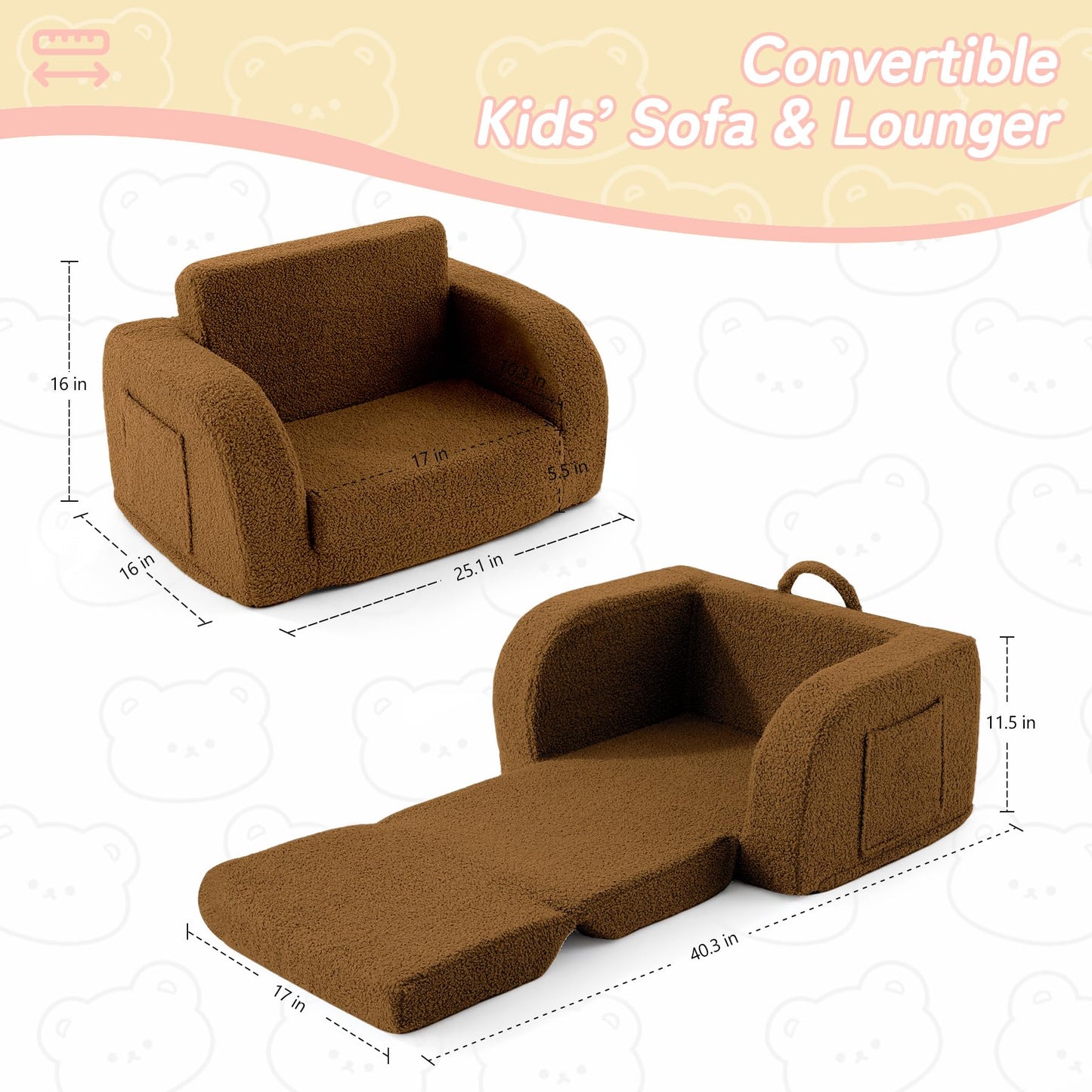Toddler Couch, 2-in-1 Toddler Chairs Comfy 1-3 Years Old, Toddler Chair for Girls and Boys, Kids Couch Bed Fold Out, Convertible Baby Sofa to Lounge Chair for Playing, Reading, Napping, Brown