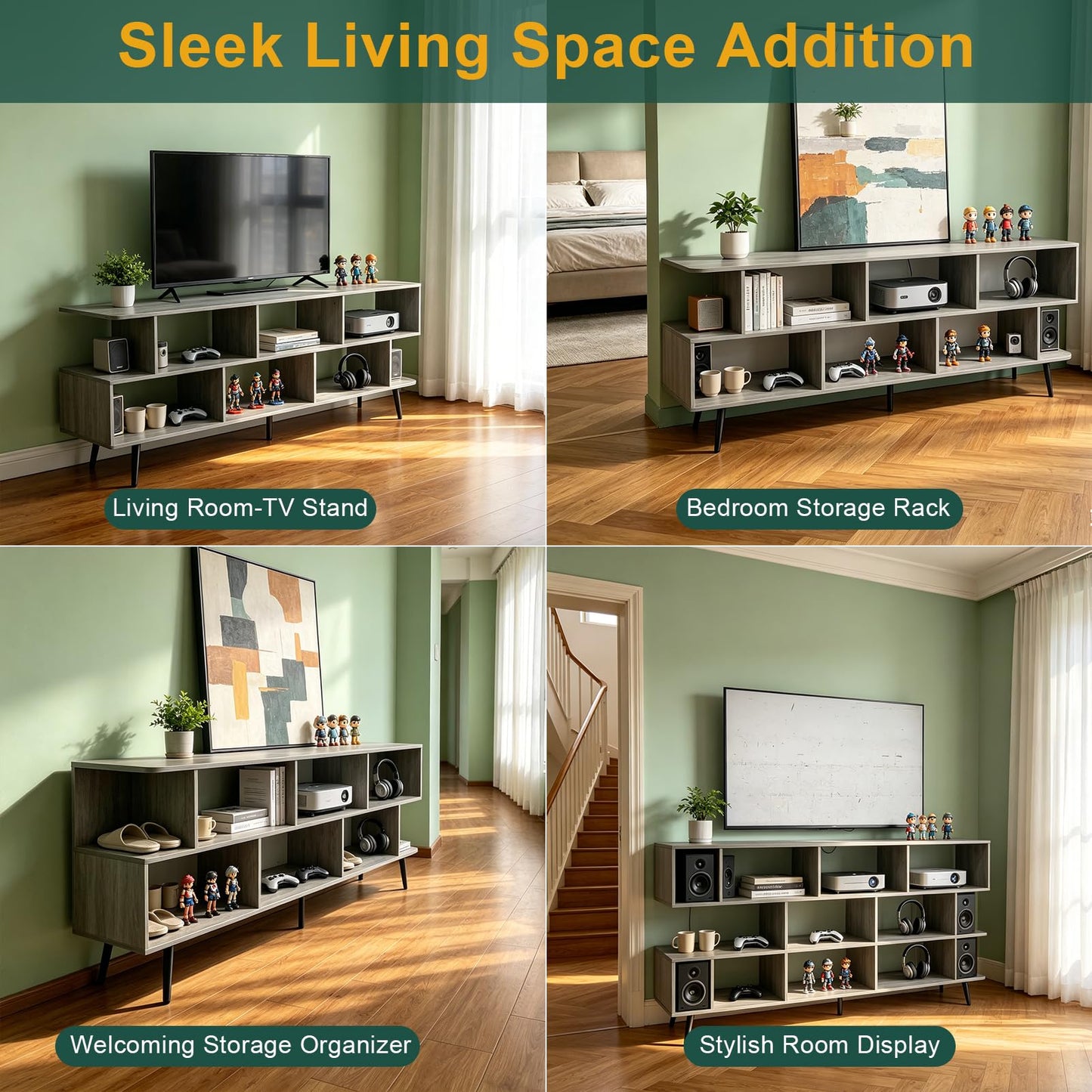 ACOHOOK 65" American Walnut TV Stand with Power Outlet,Large Media Console Table for TVs up to 75" with 8 Open Shelves,Entertainment Center for Living Room/Entrance/Kitchen/Sofa Cabinet,Easy Assembly