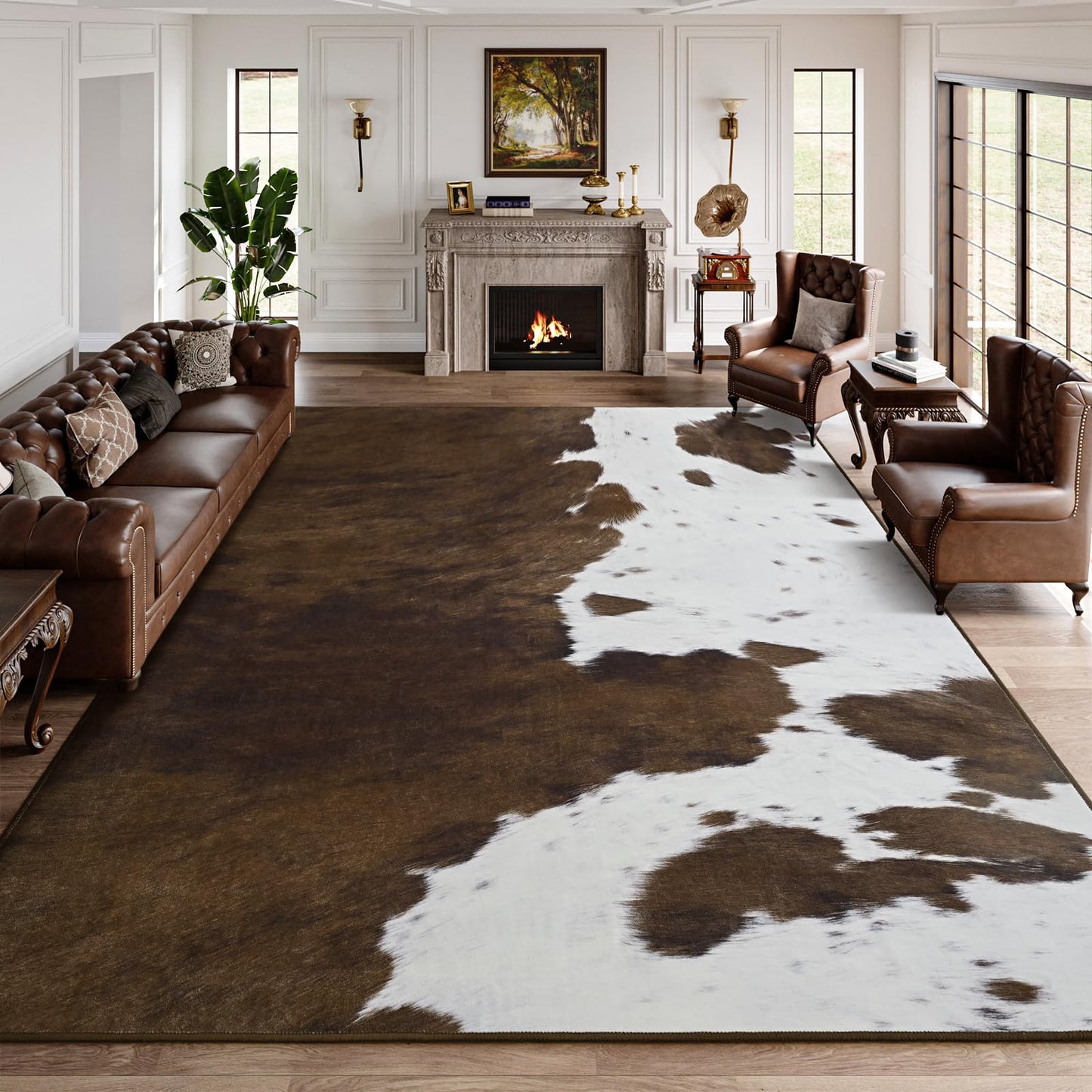 DweIke Cow Print Rug – 5x7 Faux Cowhide Carpet, Washable Soft Non-Slip Stain Resistant Animal Cow Hide Rugs for Living Room Bedroom Dining Room Office, Western Home Decor, Brown