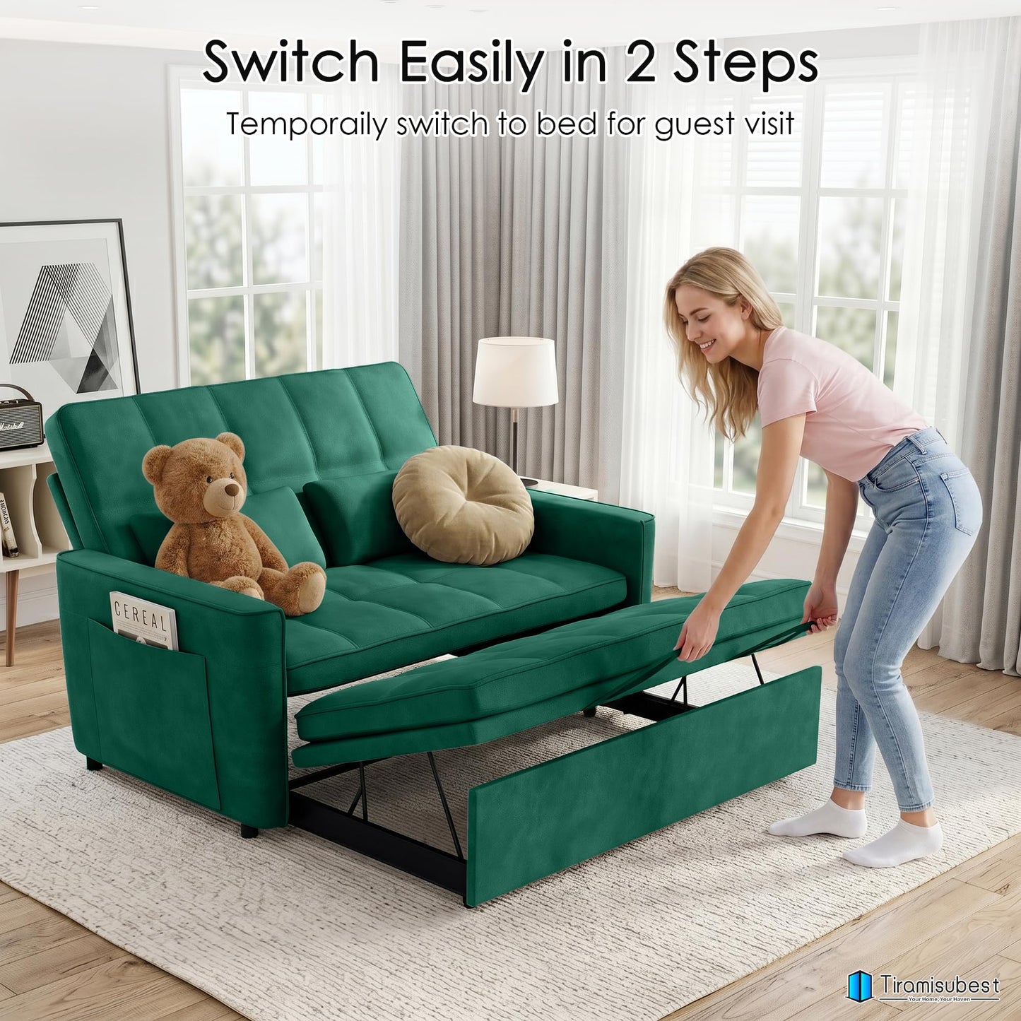 tiramisubest 54'' Sleeper Sofa Bed, Convertible Pull Out Couch Futon for for Living Room,Apartment (Green, Loveseat) Side Pockets, Velvet Fabric, Adjustable Backrest, Pull-Out Bed, Easy Assembly