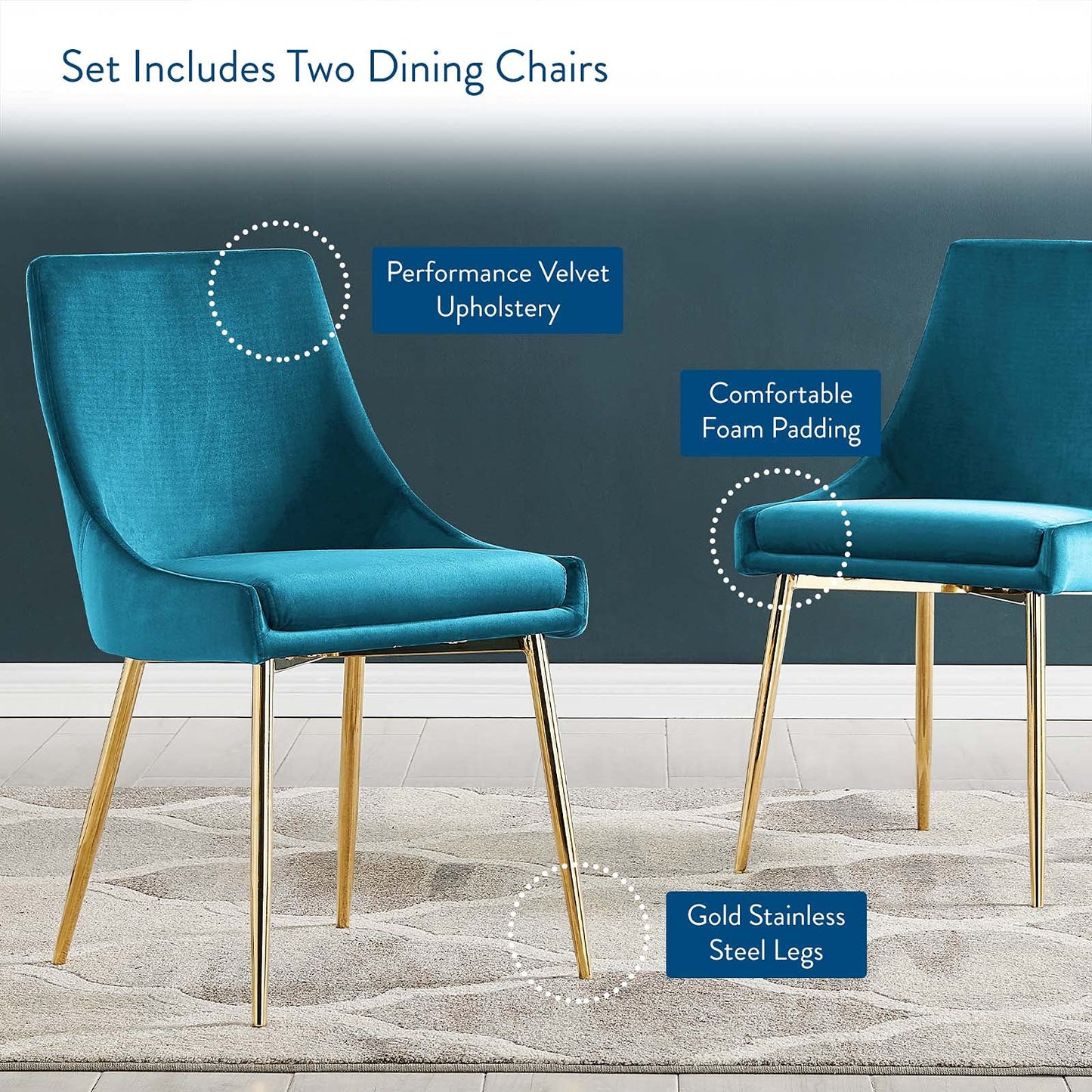 Viscount Performance Velvet Dining Chairs - Set of 2 in Gold Blue