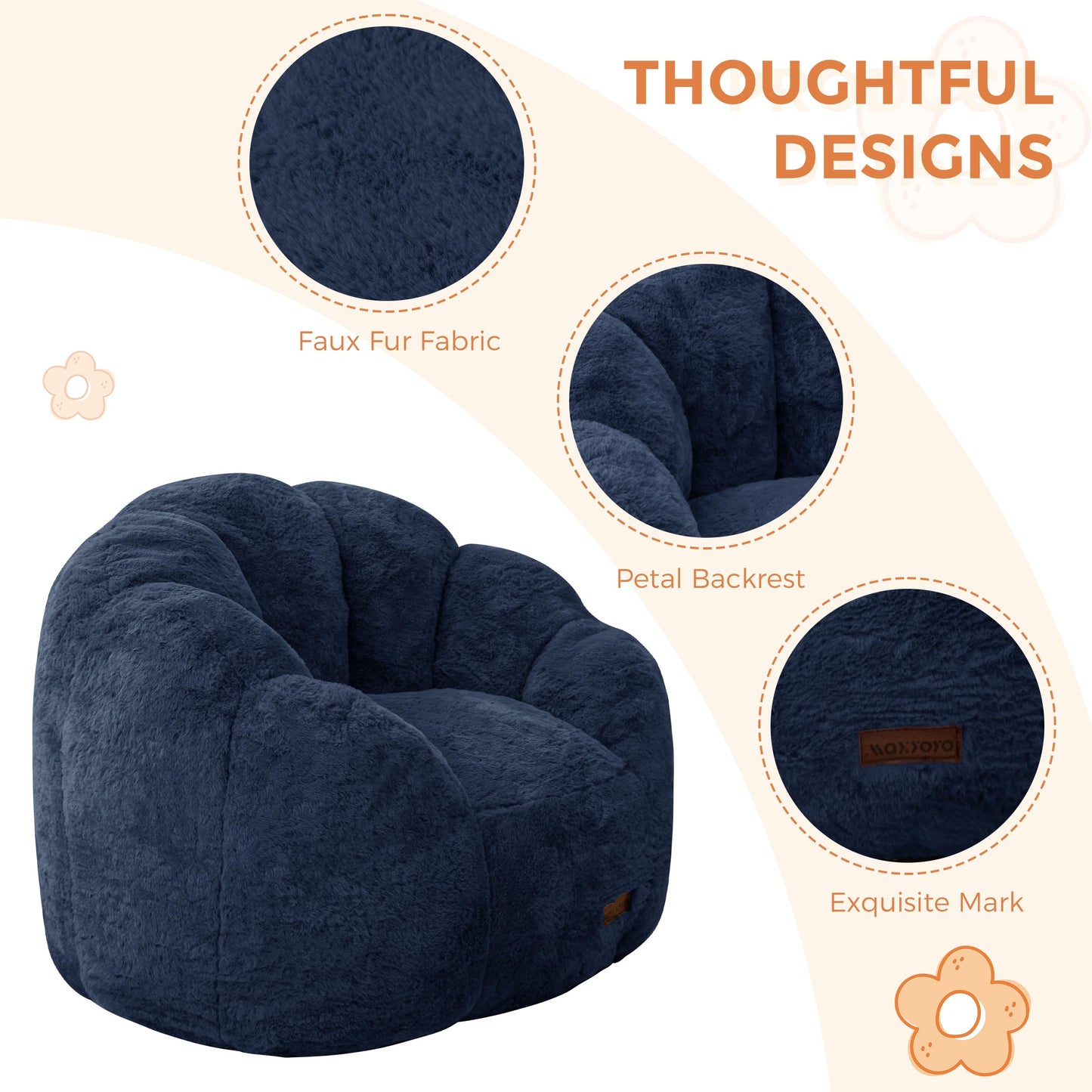 MAXYOYO Kids Bean Bag Chair, Floral Shaped Bean Bag Sofa, Plush Faux Fur Toddler Couch with Petal Backrest for Boys Girls, Stuffed Cozy Sofa for Nursery, Bedroom, Navy