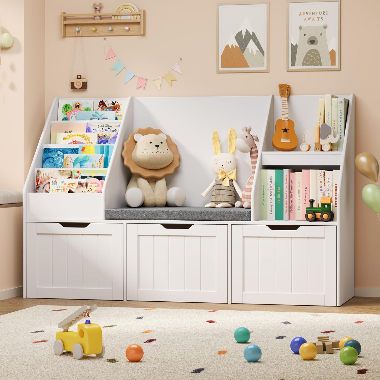 Gizoon Kids Toy Storage Organizer with Reading Nook, Kids Bookshelf with 3 Movable Drawers, Kids Reading Nook with Bench for Kidsroom Playroom and Bedroom, White, Painted