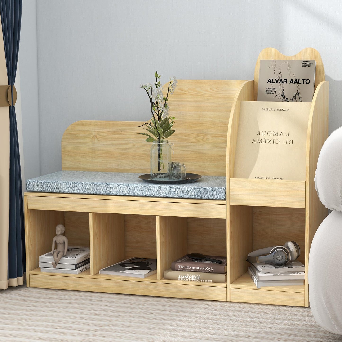 TaoHFE Kids Bench with Bookshelf & Toy Storage, Engineered Wood Toddler Reading Nook with Removable Cushion, Cubby Organizer & Bookcase for Playroom Bedroom Nursery