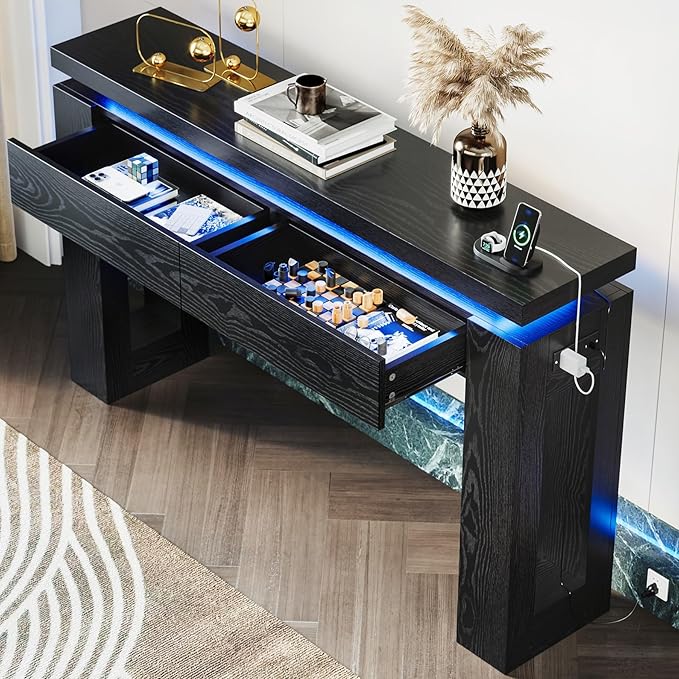LIKIMIO Console Table with Drawers, Modern Entryway Table with LED Lights and