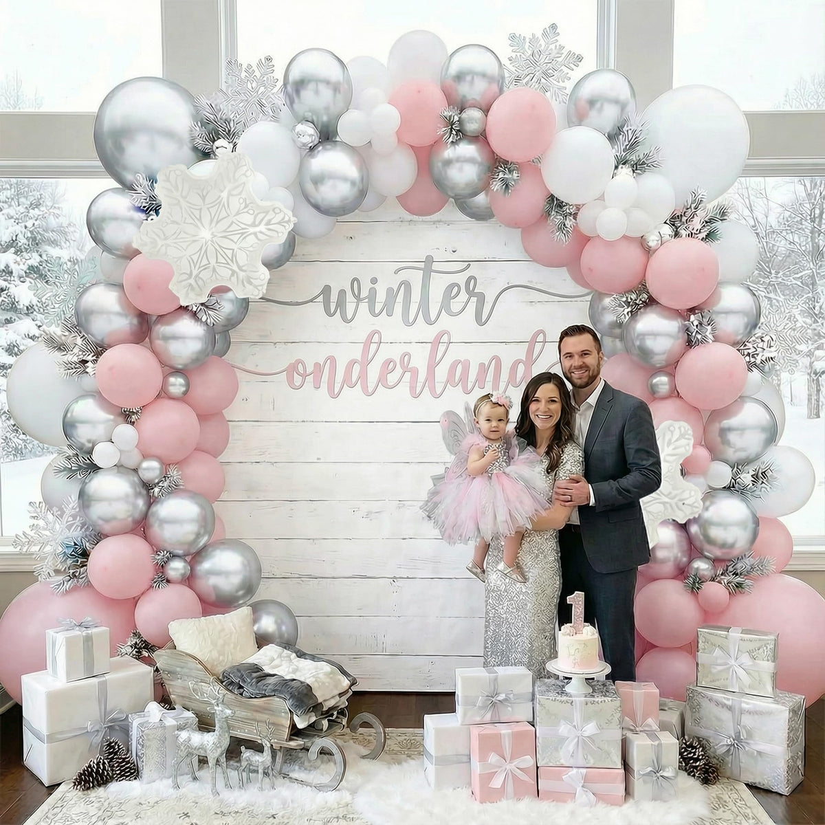 PartyXpress 144PCS Pink Winter Balloon Arch Garland Kit with White Silver Snowflake Star Balloons for Winter Wonderland Girl Baby Shower, Baby Its Cold Outside Party, Christmas Decorations