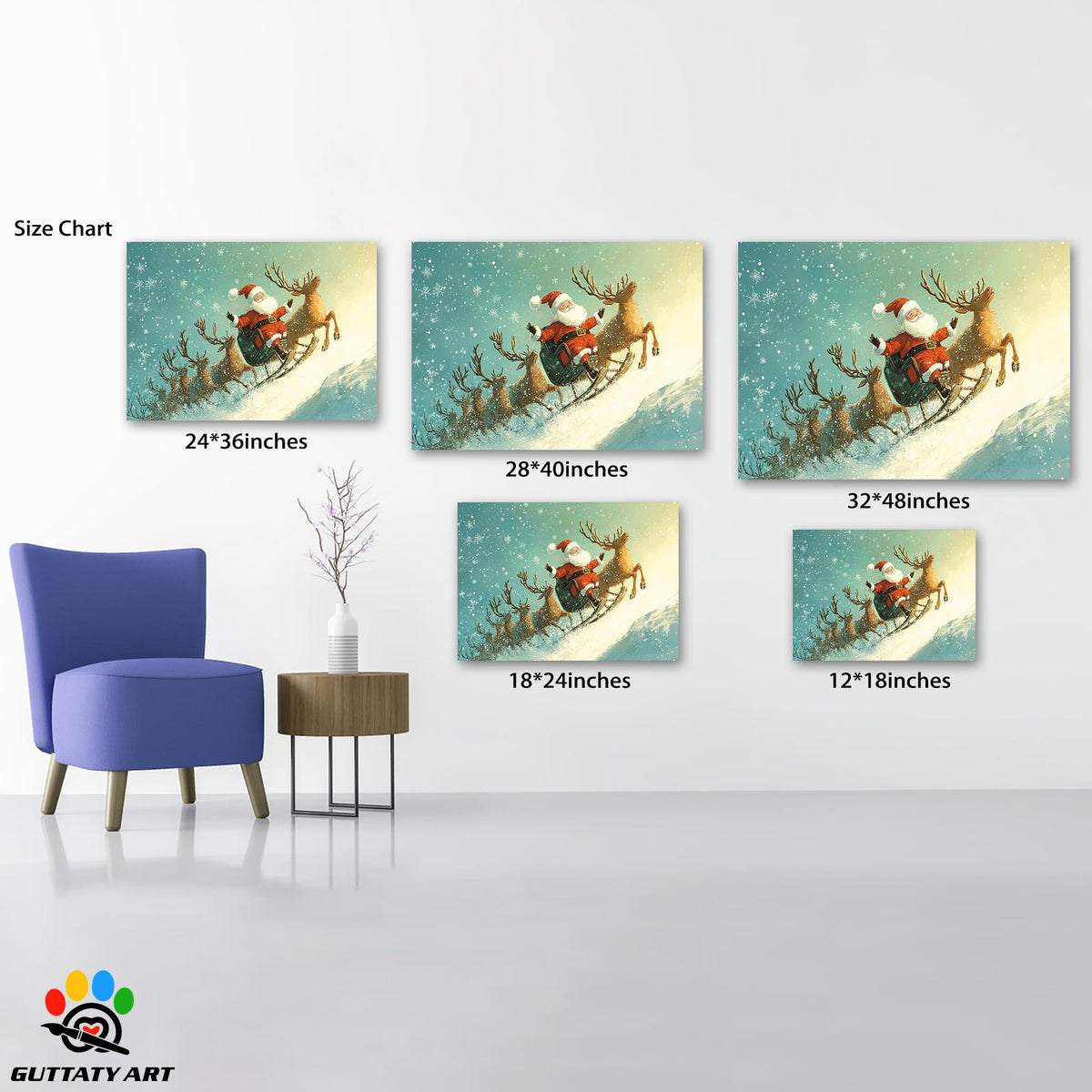 GUTTATY Christmas Canvas Wall Decor, Funny Santa Pictures Wall Art, Reindeer Animal Christmas Wall Painting, Sledges Decoration Christmas Pictures Posters for Living Room, Bedroom 18x24 Inch