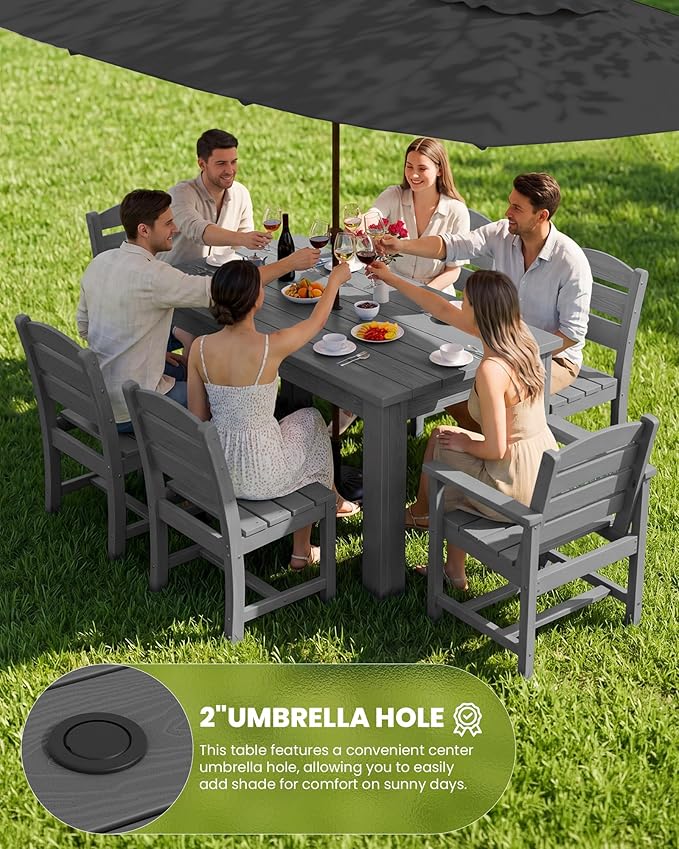 SERWALL HDPE Dining Set for 8: 2 Umbrella Hole Tables + 8 Chairs. Includes 8