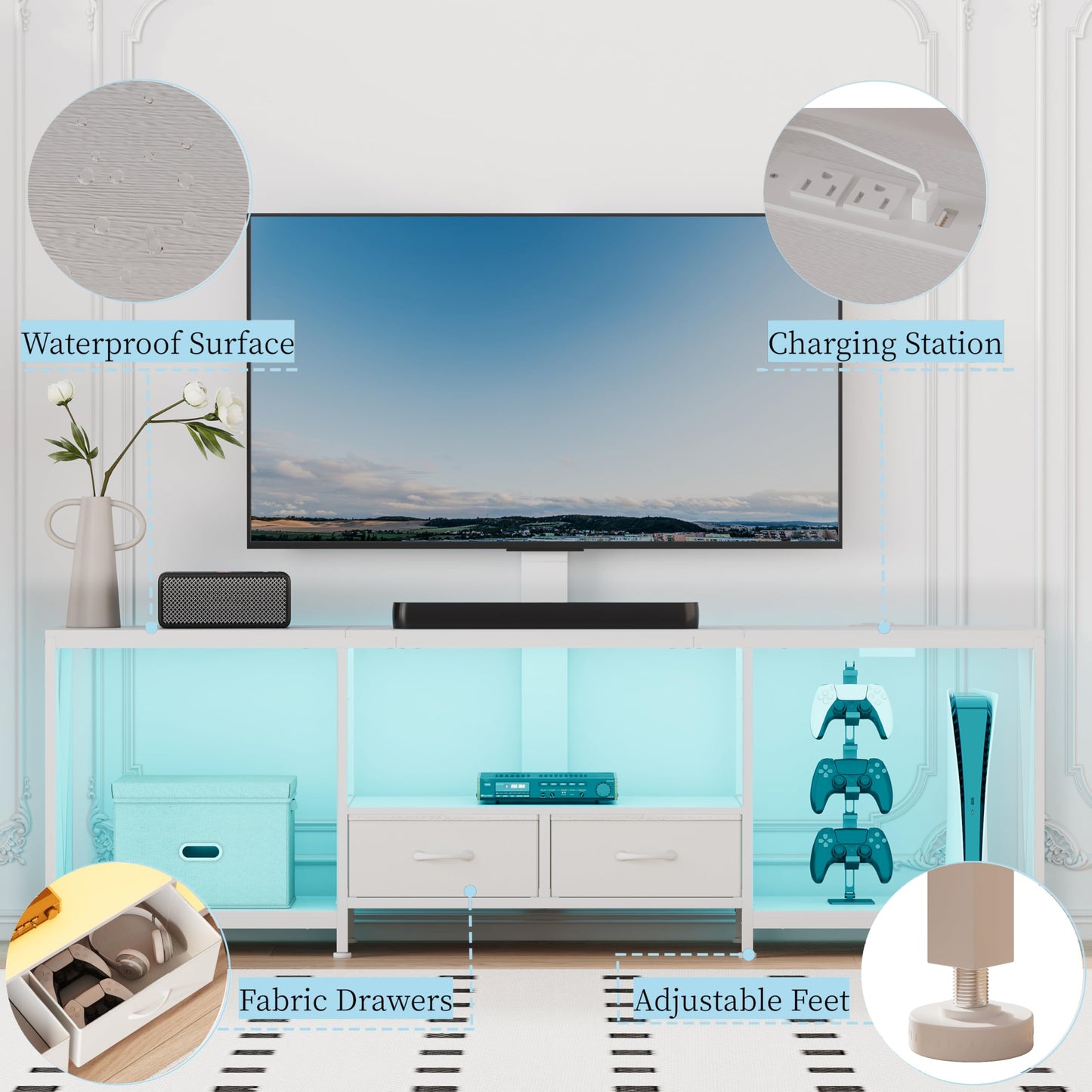 NinPeen 63" W TV Stand with Mount for 55,65,75" TV,Entertainment Center with Power Outlet and Led Lights,Height Adjustable TV Console Table with Open Storage Shelves and Fabric Drawers (White, 63" W)