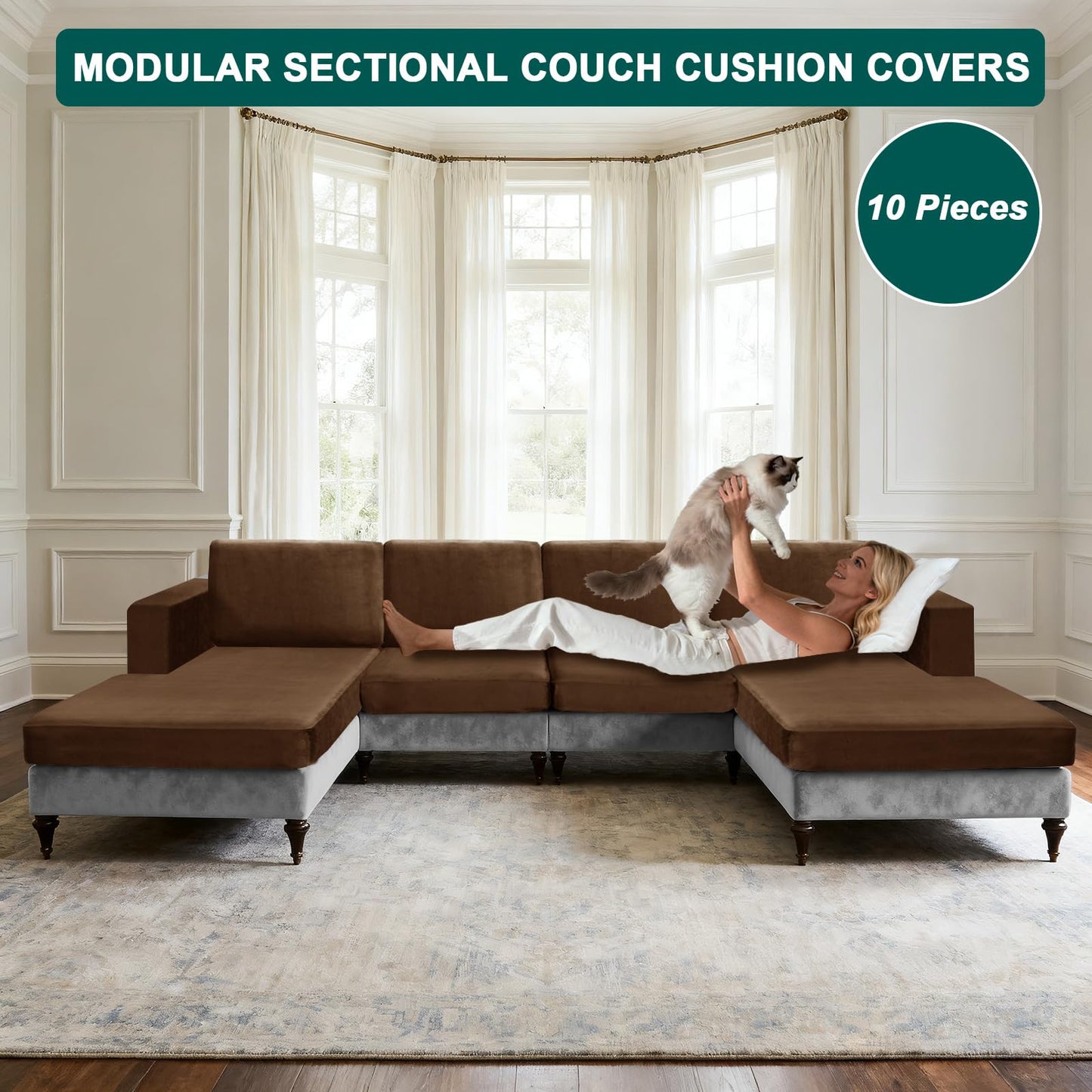 10 Pieces Sofa Cushion Covers for U-Shaped Modular Sectional Couch with 4 Seat+4 Back+2 Arms, Stretch Velvet Upholstered Covers for Sofa Bed with Deep Double Chaise (Caramel,Universal (10 Pieces))