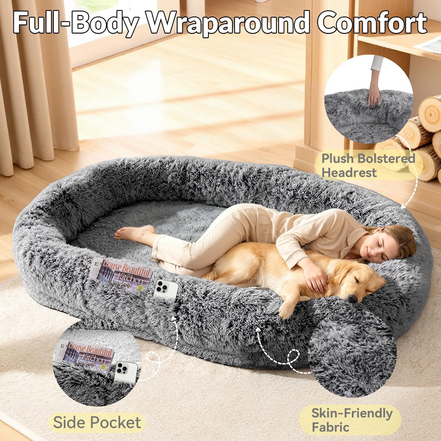 XL Human Dog Bed 71"x 44"x 12.5" Cozy Giant Floor Bed for Adults, Soft Faux Fur Human Sized Dog Bed with Washable Removable Cover, Side Pocket & Blanket, Black Grey