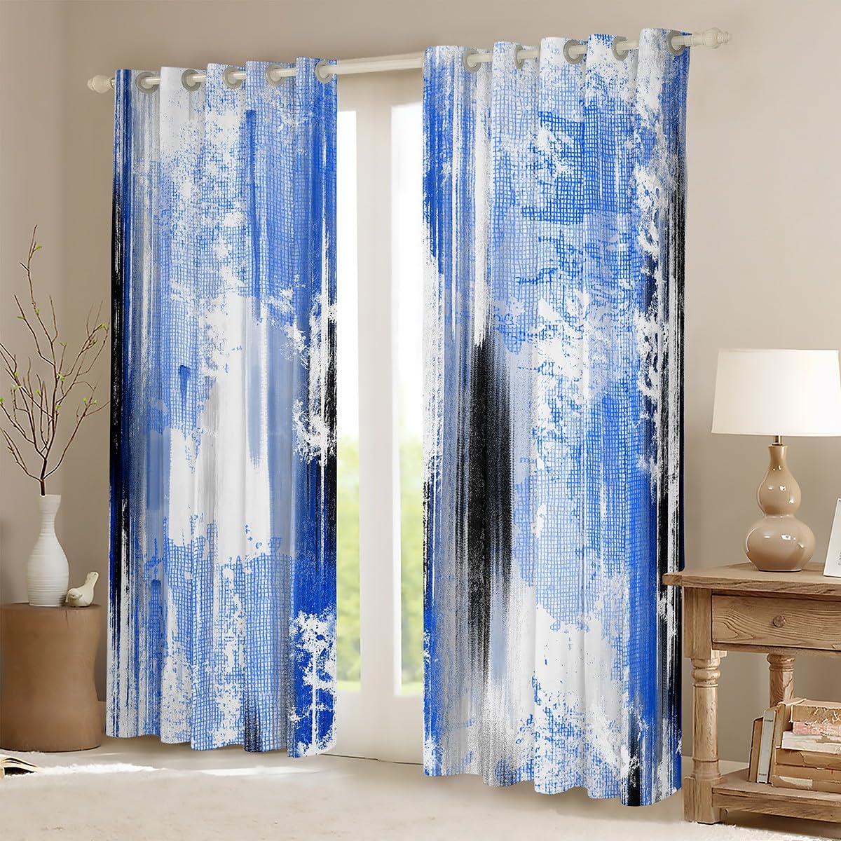 Feelyou Abstract Curtains for Bedroom Living Room Modern Abstract Art Blackout Darkening Drapes Blue Gray White Window Treatments, 2 Panels 38 x 45 Inch Luxury Room Decor