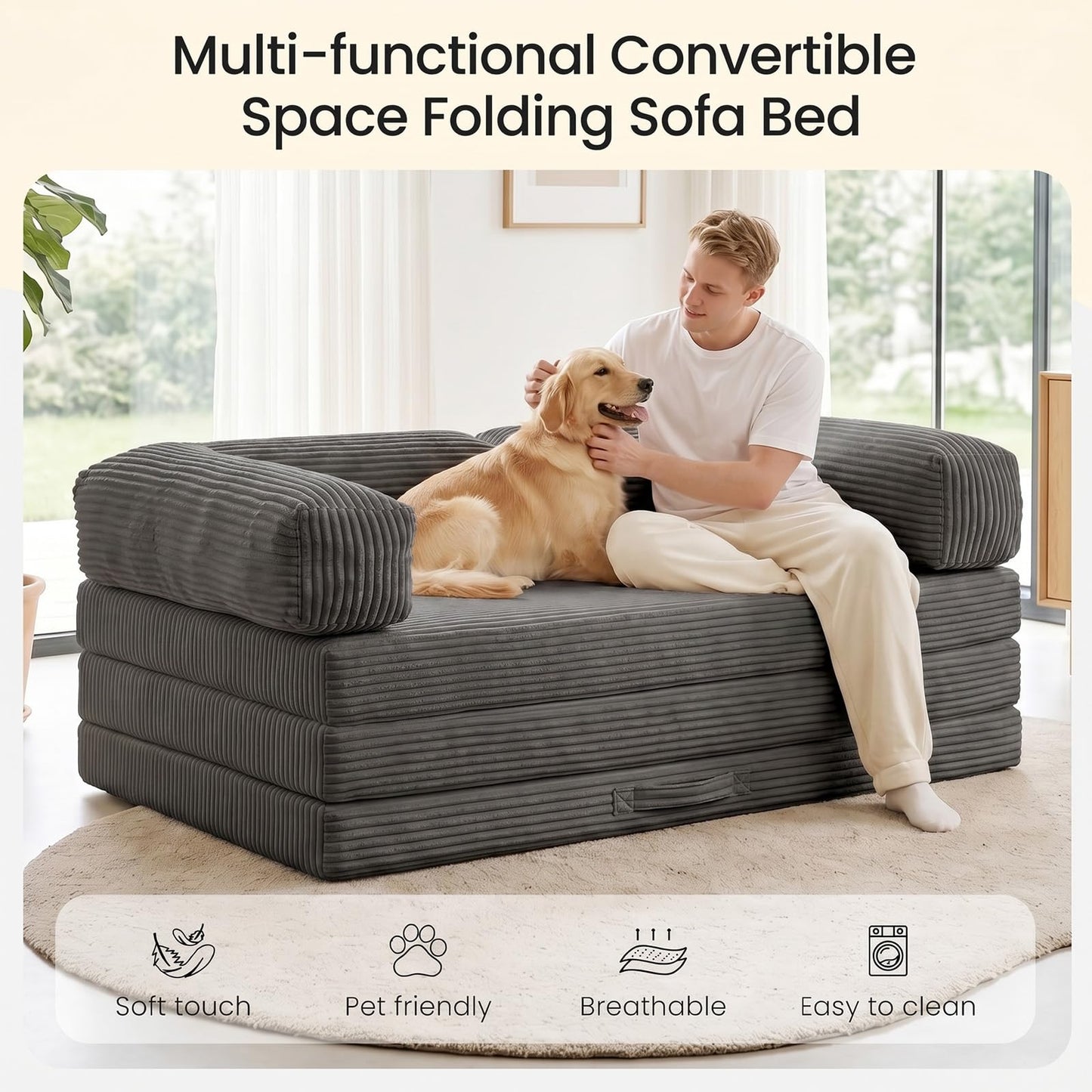 Erament Futon Sofa Bed Queen, Convertible Tri Folding Mattress Couch Bed Foldable with Removable Armrests & Washable Cover, Floor Mattress with High-Density Foam, Small Couch Bed, Queen, Grey