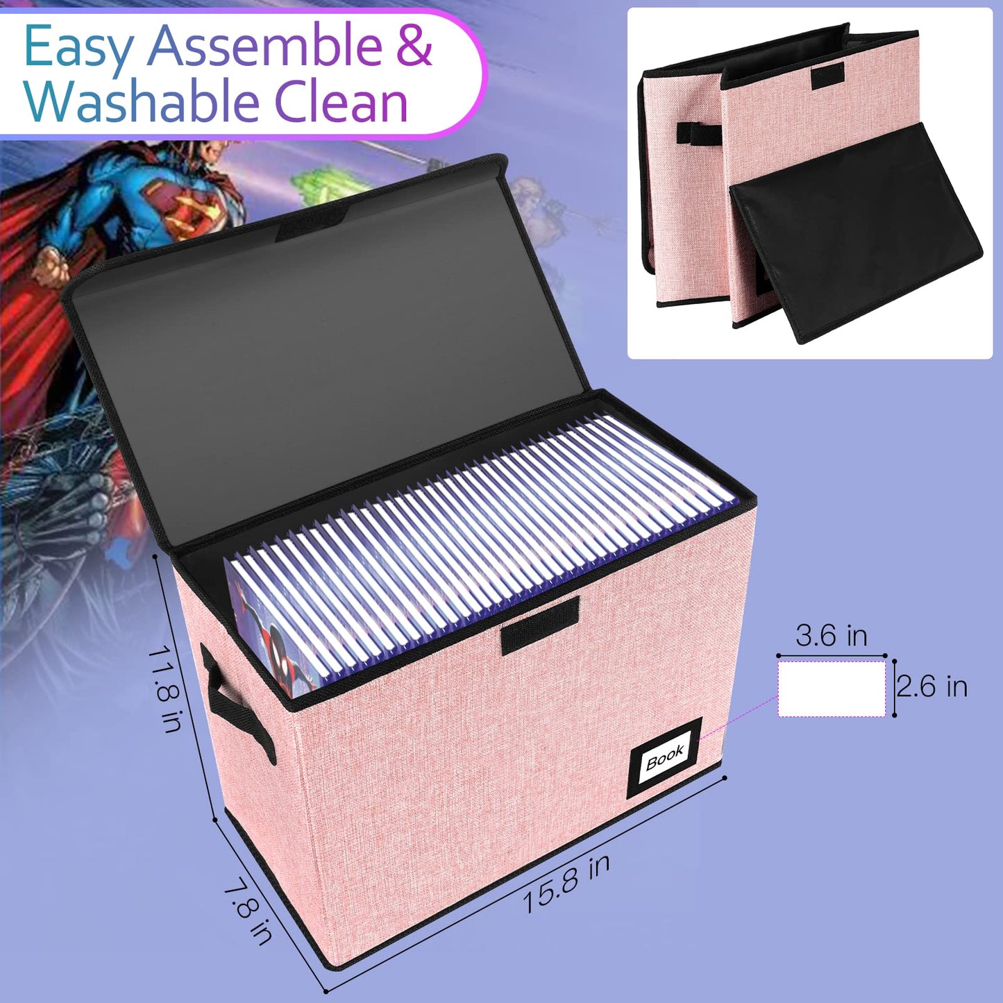 YNSZAS 2 Pack Comic Book Storage Box, Comic Protector Organizer, 15.8" X 7.8" X 11.8", Collapsible Comic Short Box, Holds 160-180 Comic Book Container Holder Shelf Bin (Pink)