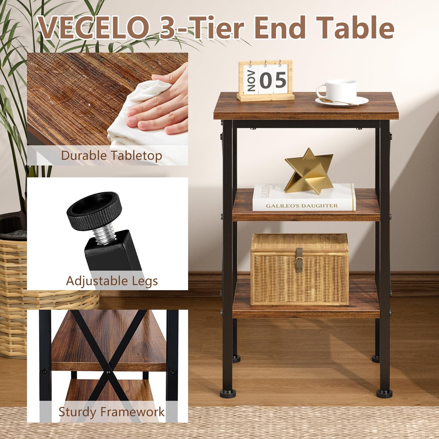 VECELO End Table Set of 2, Bedside Table, 24" Tall Living Room End Tables, X-Design Reinforced Nightstands, Side Table with 3-Tier Storage Shelves for Small Spaces, Office, Bedroom, Rustic Brown