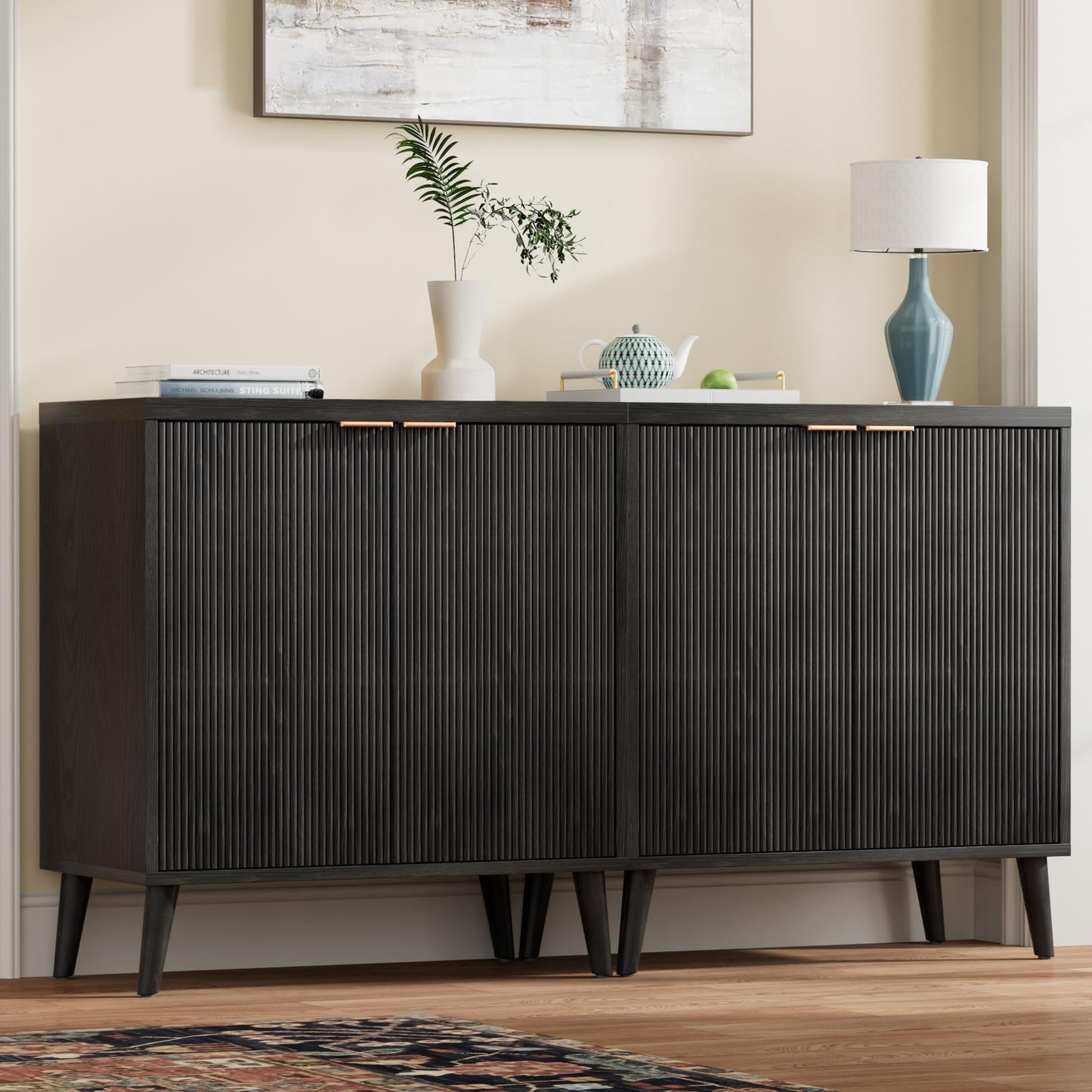 Homleke Buffet Cabinet with Storage, Modern Fluted Accent Sideboard with Doors & Adjustable Shelf, Buffet Table Entryway Cabinets for Living Room, Kitchen, Dining Room, Hallway, Black