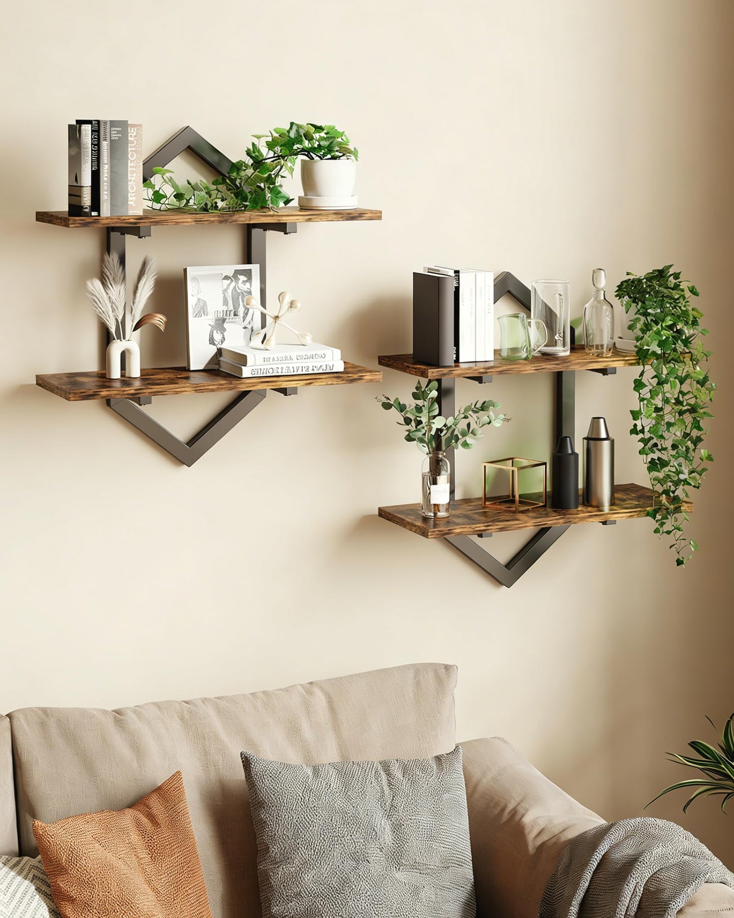 Forjarn Floating Shelves, Set of 2 Wall Shelf, Wall Mounted Decorative Shelves, 2-Tier Modern Geometric Hanging Storage Shelf for Living Room, Bedroom, Kitchen, Office, Study (Rustic Brown + Black)