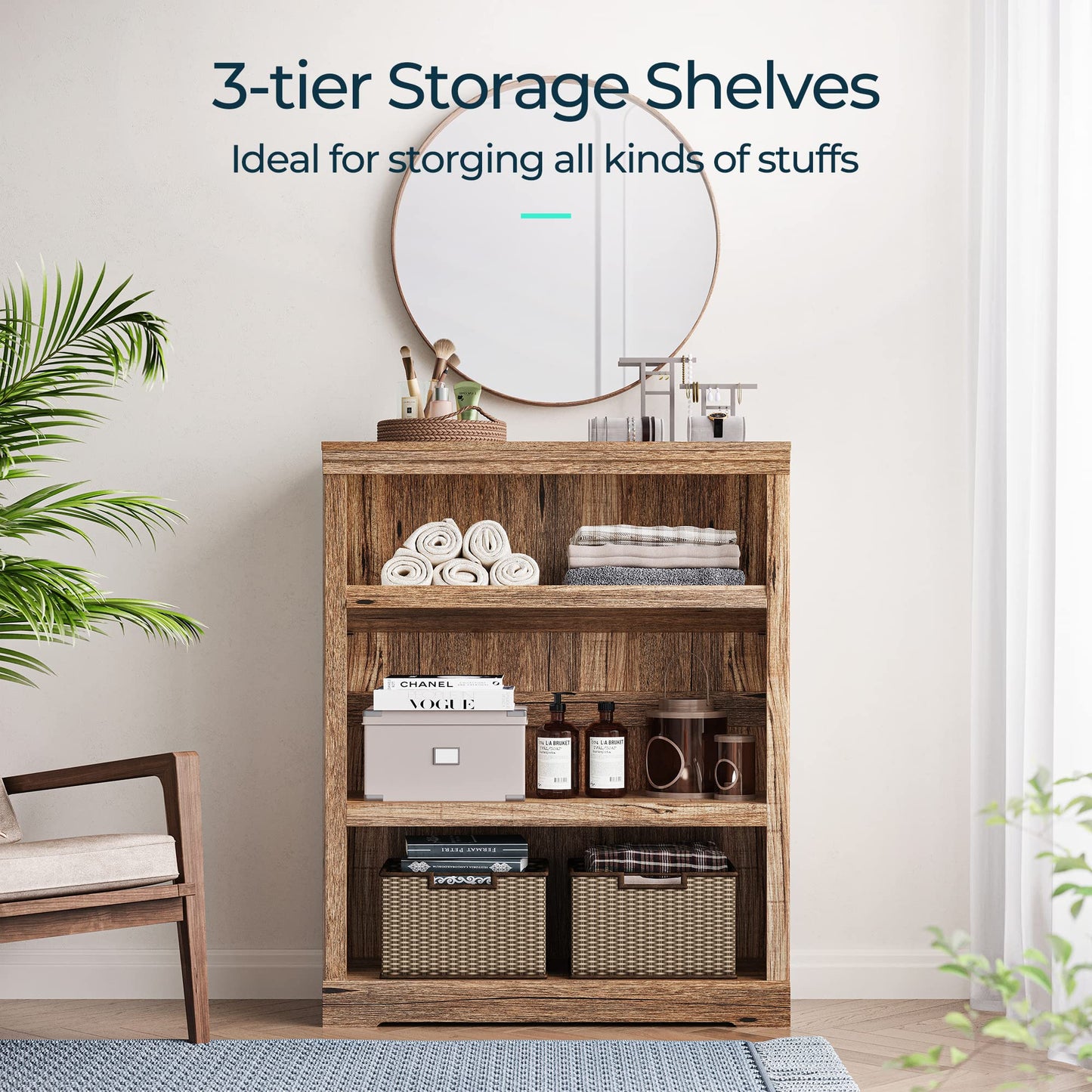 LINSY HOME 3-Tier Bookcase Display Storage Shelves Farmhouse Bookshelf for Home Office, Living Room, Bed Room - Dark Brown