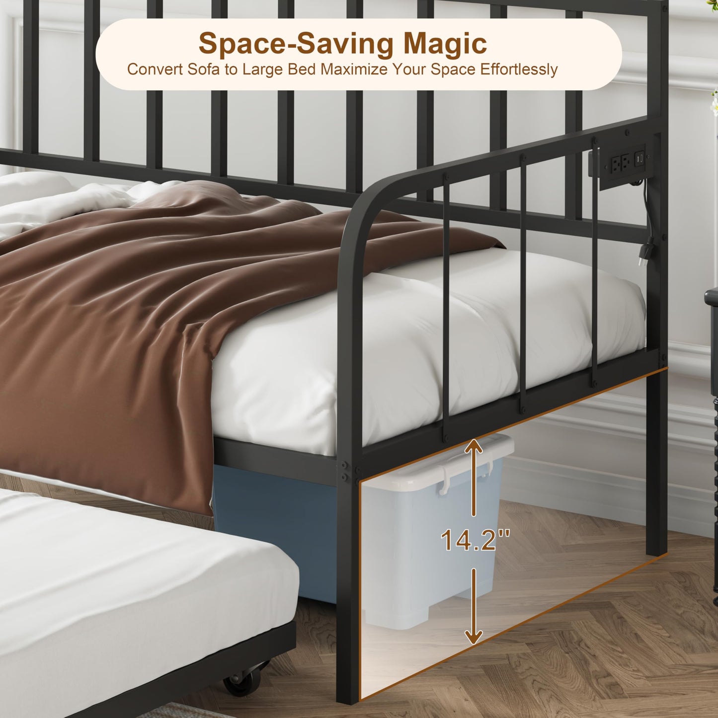 JOJOZOO Daybed with Trundle, Heavy Metal Twin Size Bed with USB Charging Station & LED Lights, Space Saving for Living Room, Bedroom, Guest Room