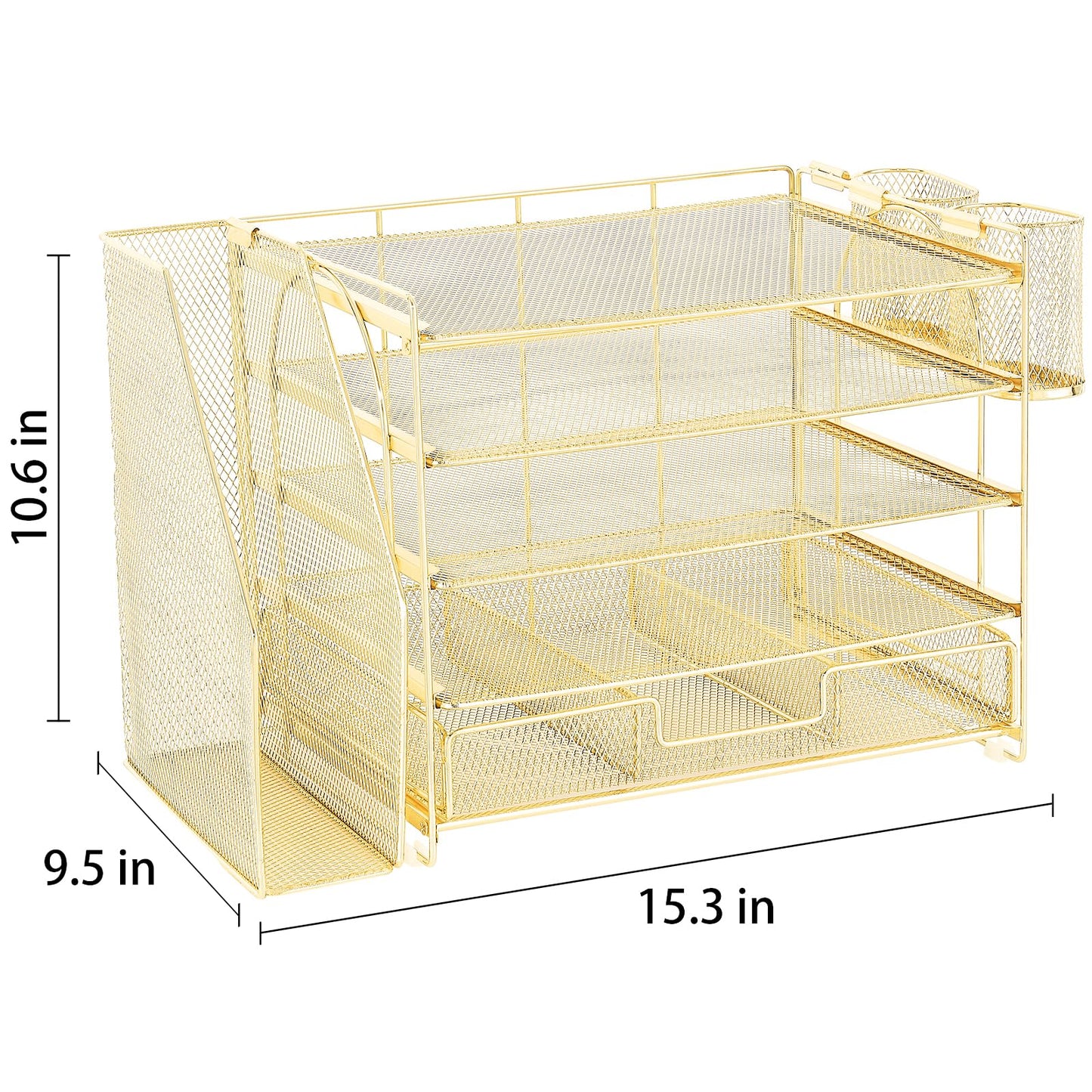 OPNICE Desk Organizer, 5-Tier Paper File Organizer with Drawer & Pen Holder, Office Desk Accessories, Workspace Desktop Organizer for Office Supplies(Gold)