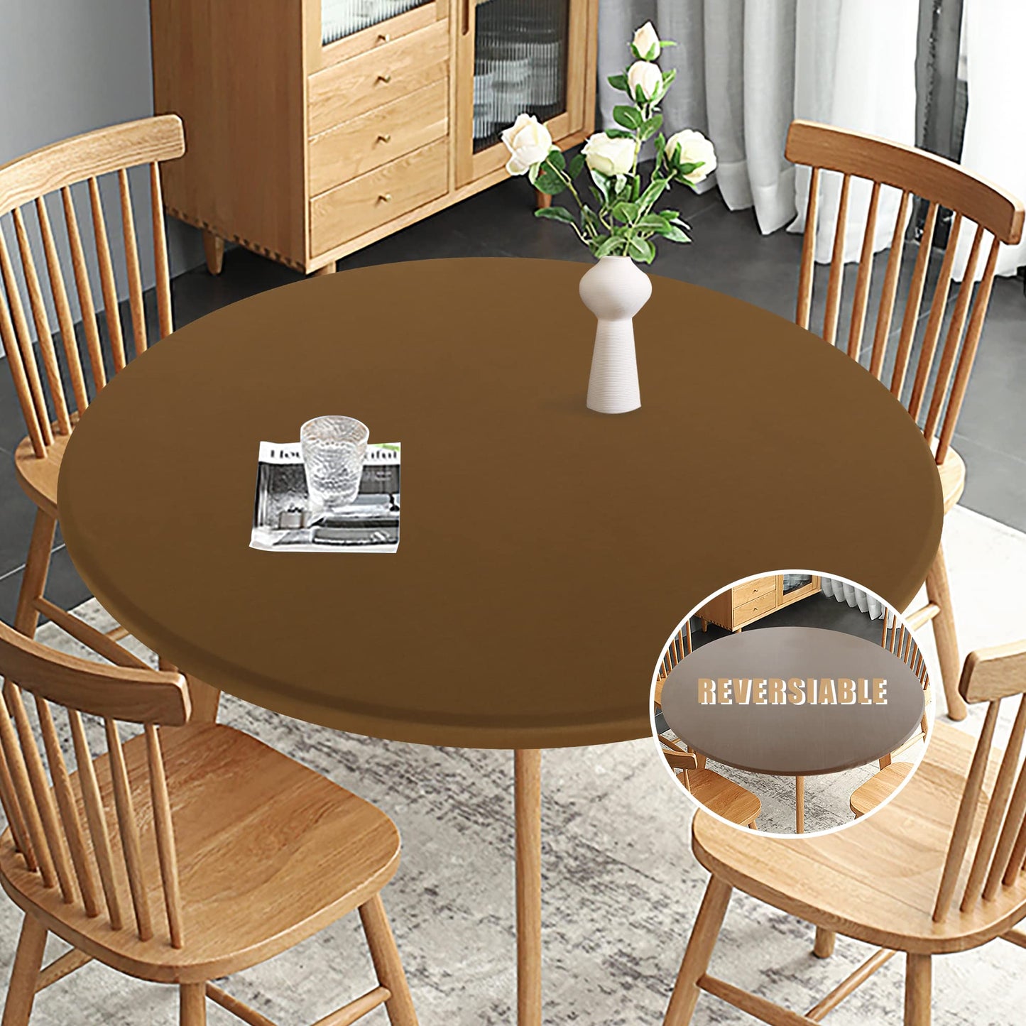 Obstal Fitted Round Table Cloth, Reversible Waterproof Stain Resistant Elastic Stretch Tablecloth, Wipe Clean Table Cover for Outdoor/Indoor Use, Fits Round Tables up to 40" - 44" Diameter, Coffee