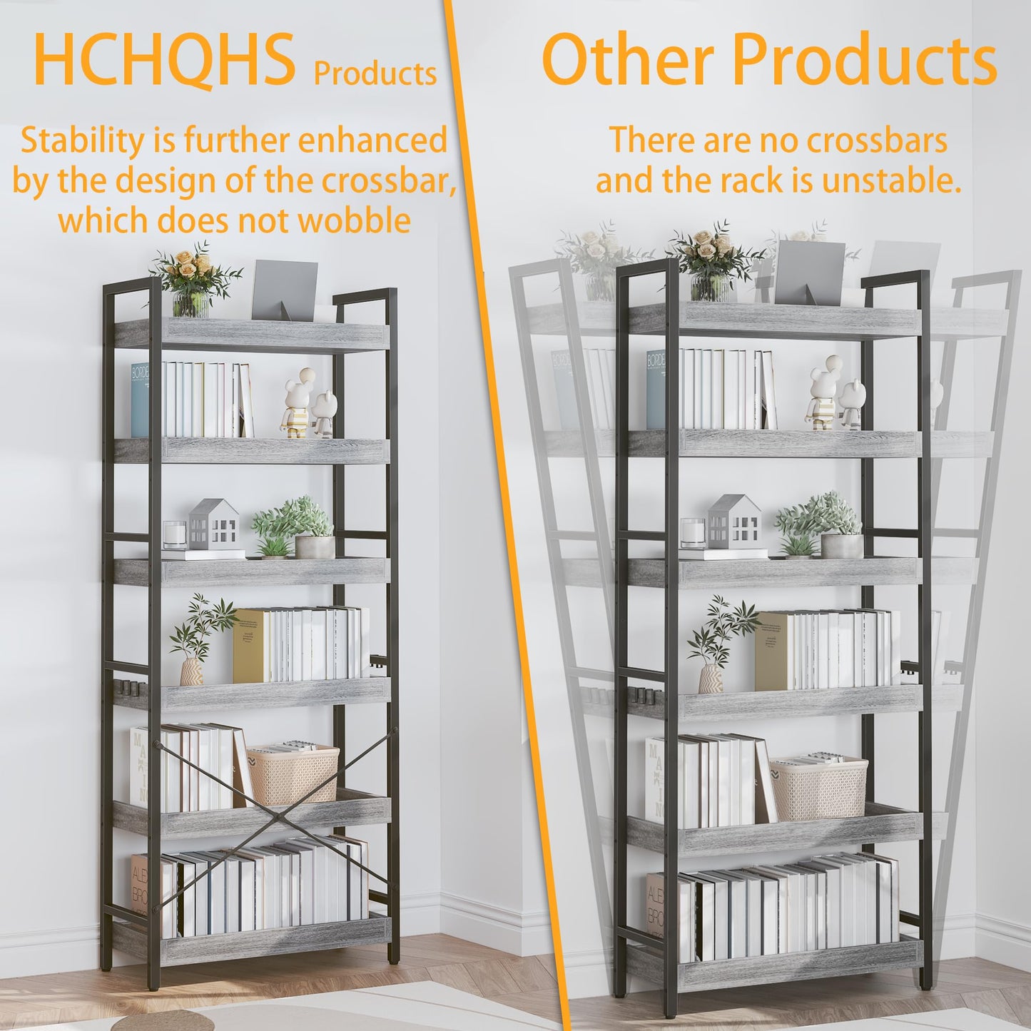 HCHQHS 6 Tier Bookshelf, Adjustable Industrial Bookcase, Vertical Tall Book Shelf, Wood and Black Metal Open Bookshelves for Home Office, Living Room, Bedroom