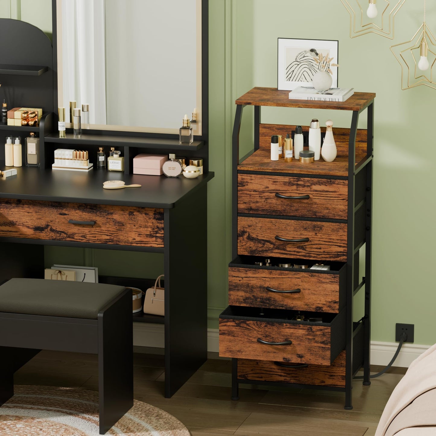 Furnulem 5 Drawers Dresser with Charging Station, Tall Night Stand with Storage Shelf, Fabric Chest of Drawers, Bedside Table for Closet, Entryway, Bedroom Furniture, 3 Ways to Use, Rustic Brown