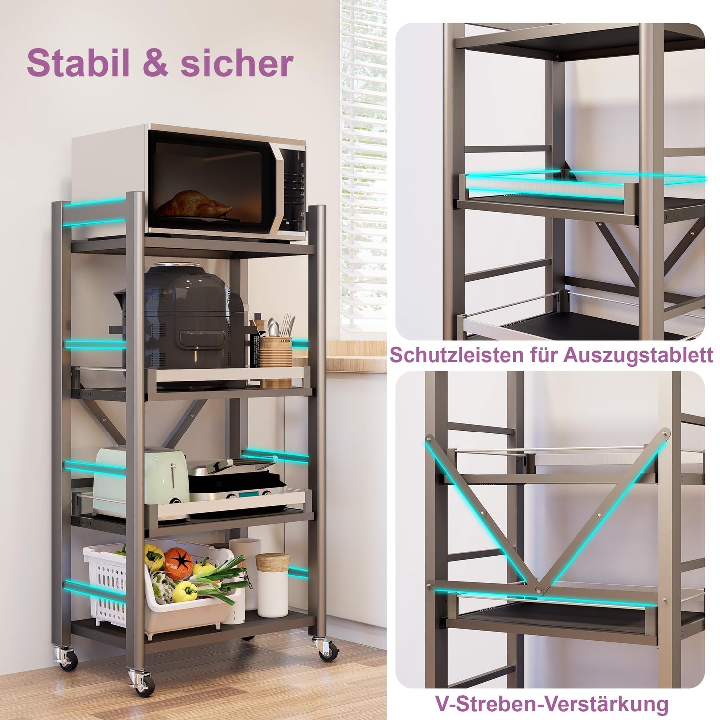 4-Tier Pull Out Kitchen Baker's Rack with Wheels, Heavy Duty Metal Microwave Stand with Storage, Adjustable Ktichen Shelves Freestanding, Rolling Utility Storage Cart (23.6''W x 49.2''H)