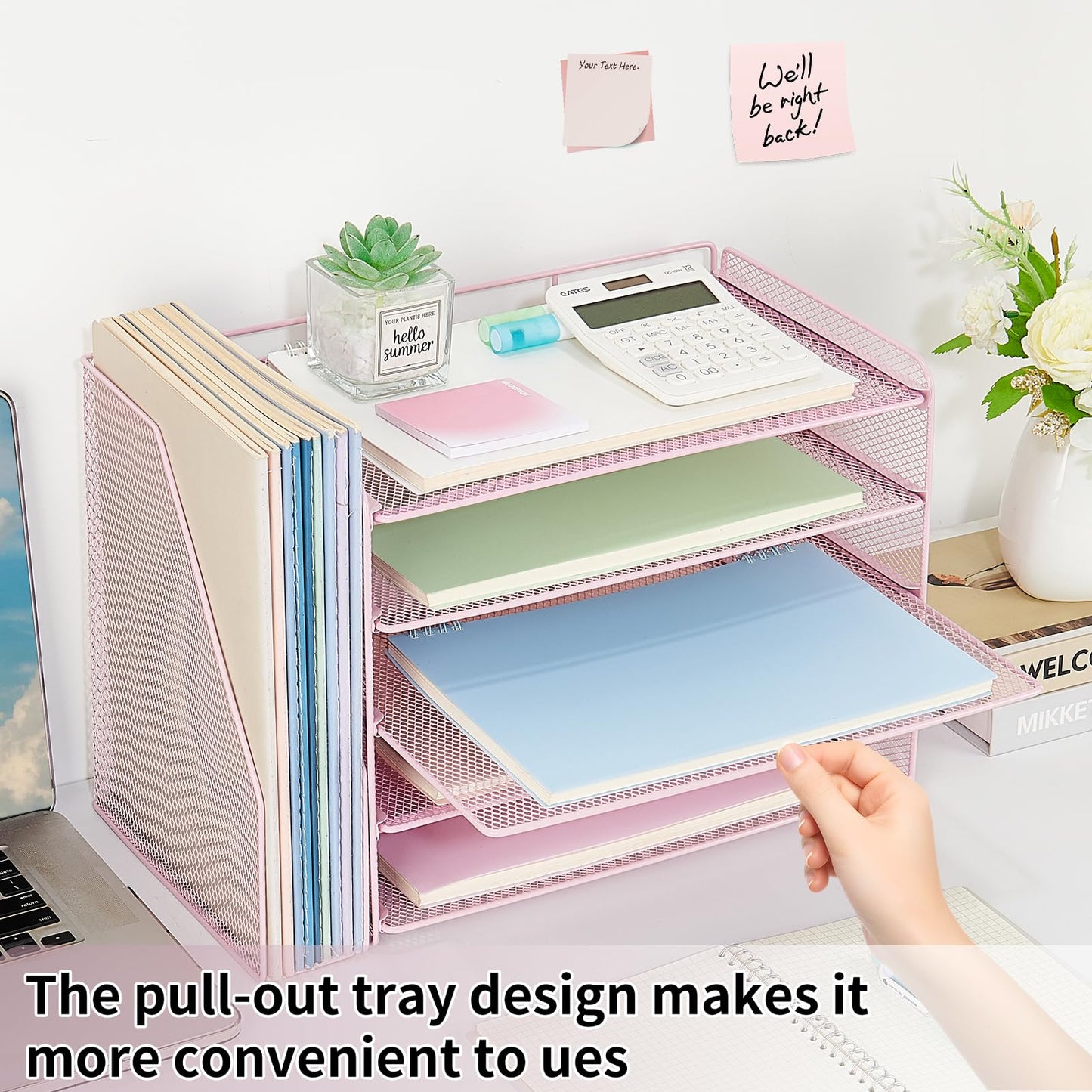 OPNICE Desk Organizer, 5-Tier Paper Organizer Letter Tray with Magazine Holder, Office Desk Accessories & Workspace Organizers, Desktop File Organizer for Office Supplies Storage, Pink