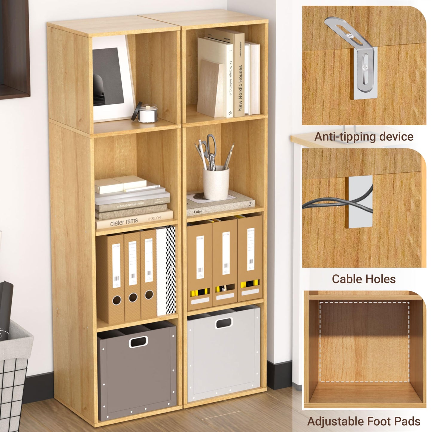 NewBeth 4 Cube Storage Organizer, 4 Tier Cube Low Bookcase Freestanding Storage Display Organizer, Four-Cubes Open Shelf Bookshelf for Home Office (Oak, 4-Cube)