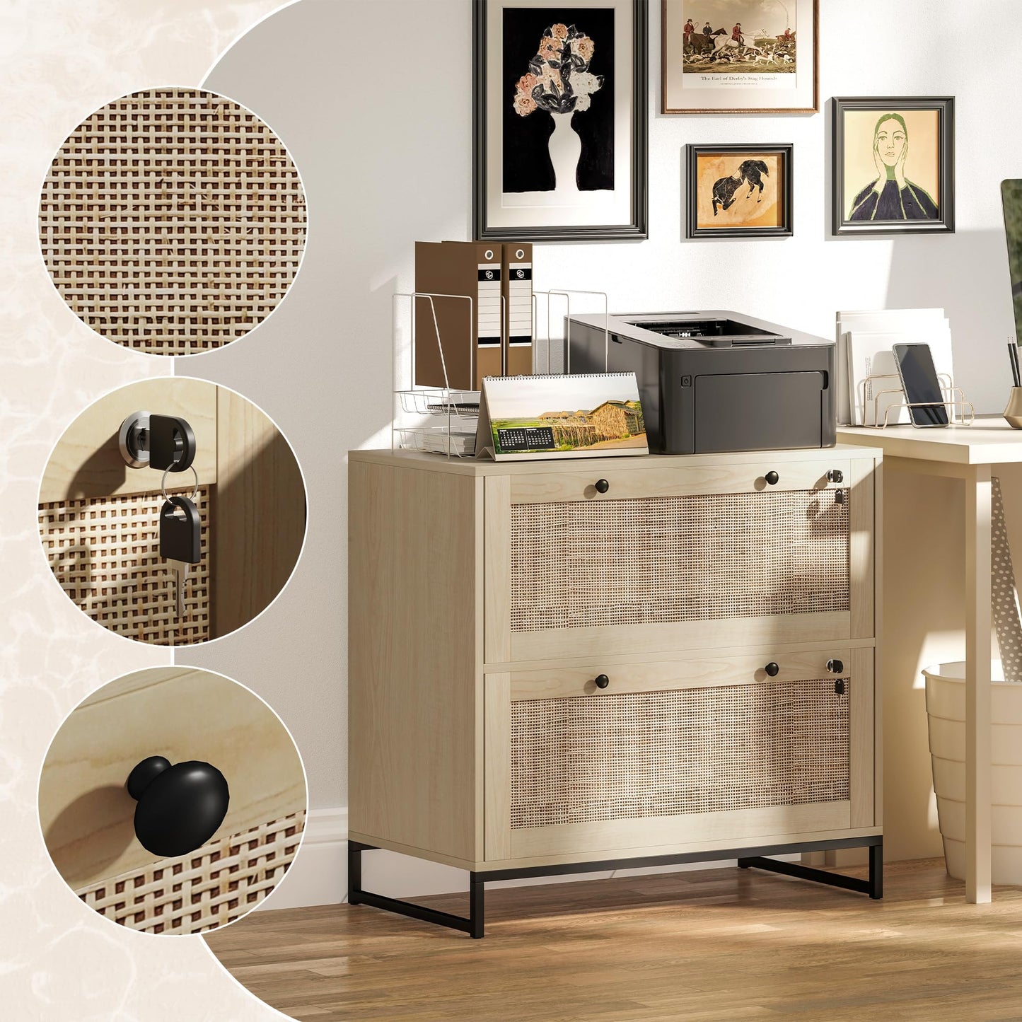 Vinsetto 2 Rattan Drawer File Cabinet with Lock, Lateral Filing Cabinet with Adjustable Hanging Bar for Letter, A4 and Legal Size Files, Printer Stand for Home Office, Natural