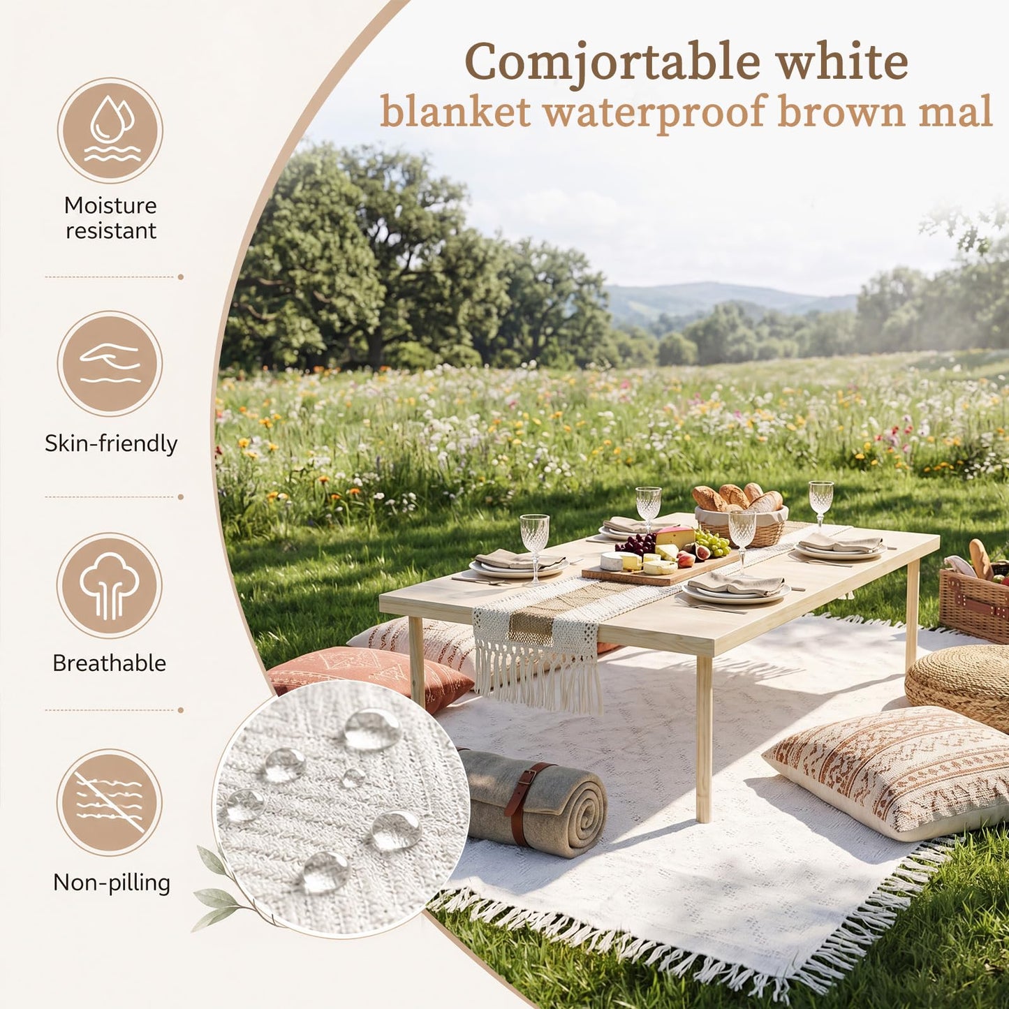 60" x 30" Inch Boho Folding Picnic Table with Picnic Blanket Set and Tables Runner Portable Large Wooden Table with Adjustable Heights for Photoshoot Camping Beach BBQ Wedding Party Size for 6 People
