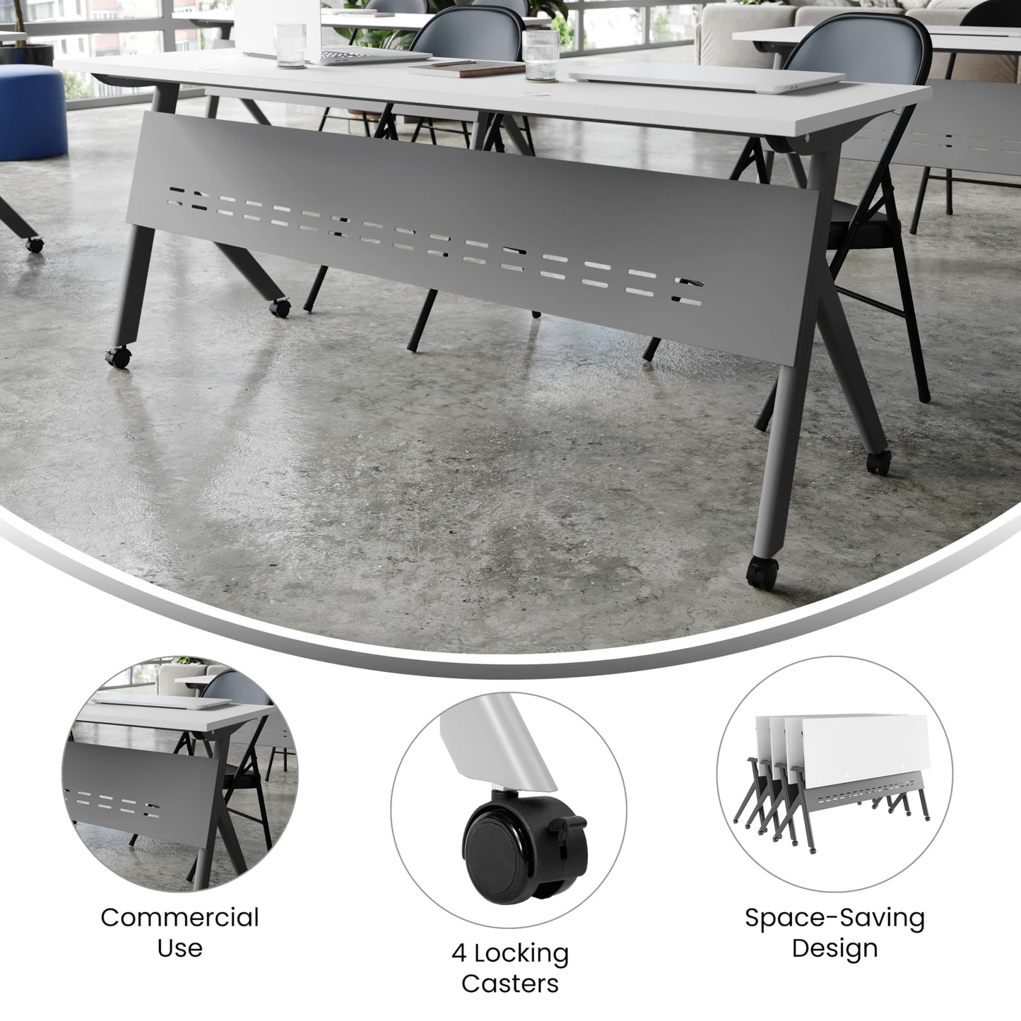 BizChair Commercial Grade 72" x 24" Heavy-Duty Nesting Flip Training Table with Y-Legs, Modesty Panel, 1" Thick White Tabletop, and Gray Steel Frame