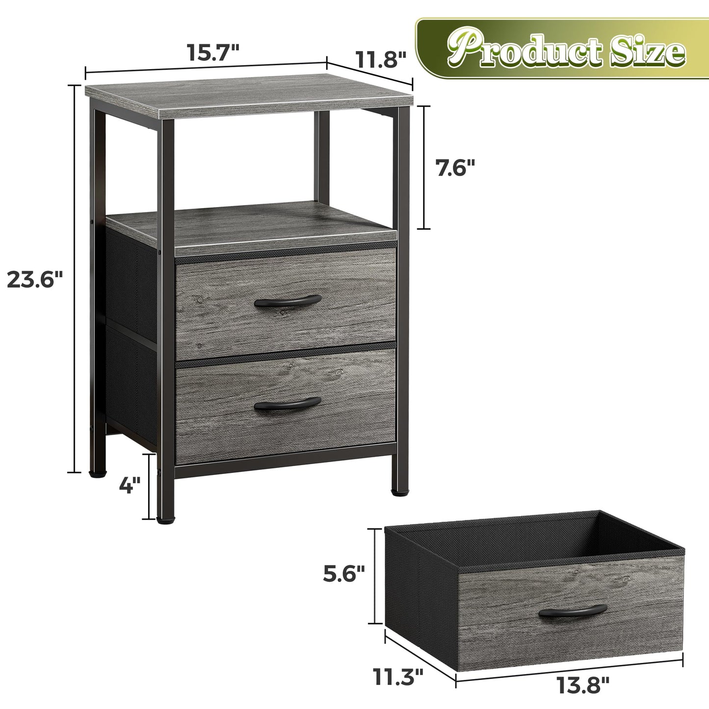 Huuger Night Stand Set of 2, Nightstand with 2 Drawers, Bed Side Table with Open Shelf, Wooden Top, End Table, Fabric Drawer, for Bedroom, Gery