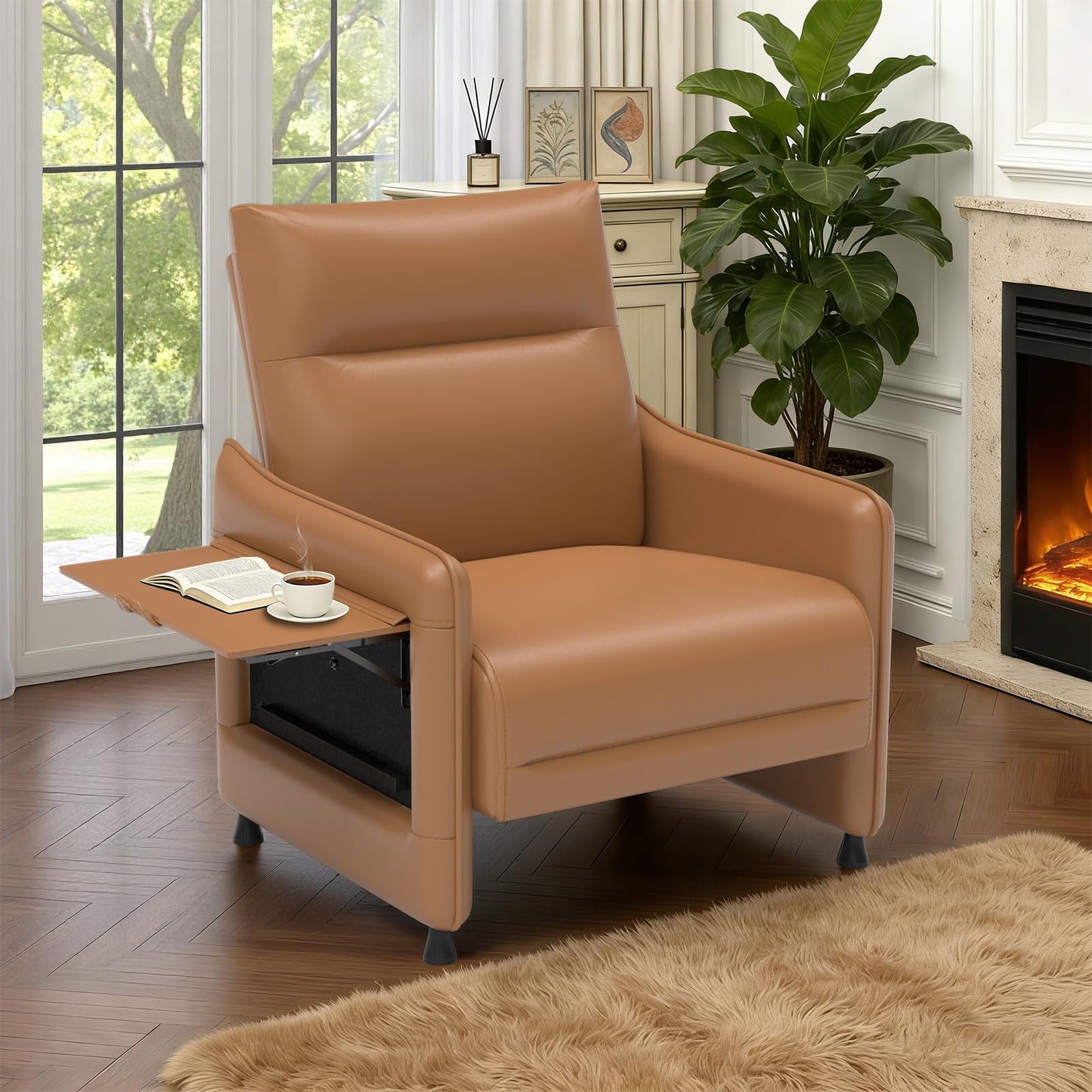 Tbillionnext Upholstered Accent Sofa, Modern Faux Leather Chair with Hidden Foldable Tray & Side Pocket, Rear Contour Arm Design, Small Accent Sofa for Bedroom, Brown