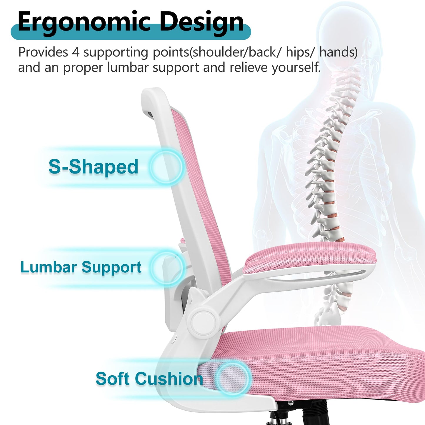 FelixKing Office Chair, Ergonomic Desk Chair Breathable Mesh Chairs Adjustable High Back Lumbar Support Flip-up Armrests, Executive Rolling Swivel Comfy Computer Chairs Home Office Pink