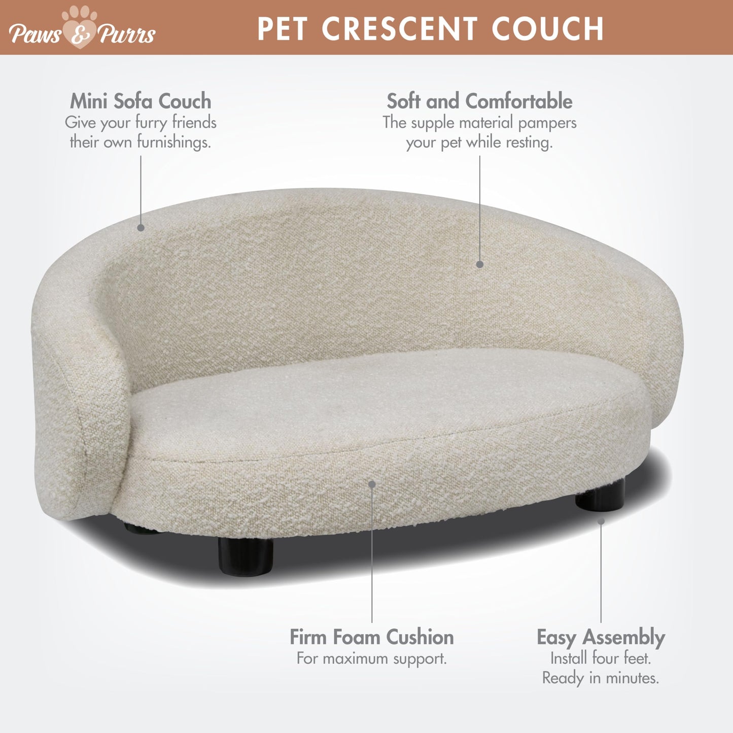 Paws & Purrs Arc Crescent Back Sofa Style Pet Bed, Dog & Cat Modern Couch with Tufted Cushion & Armrest, Stylish Indoor Pet Furniture, Boucle Ivory